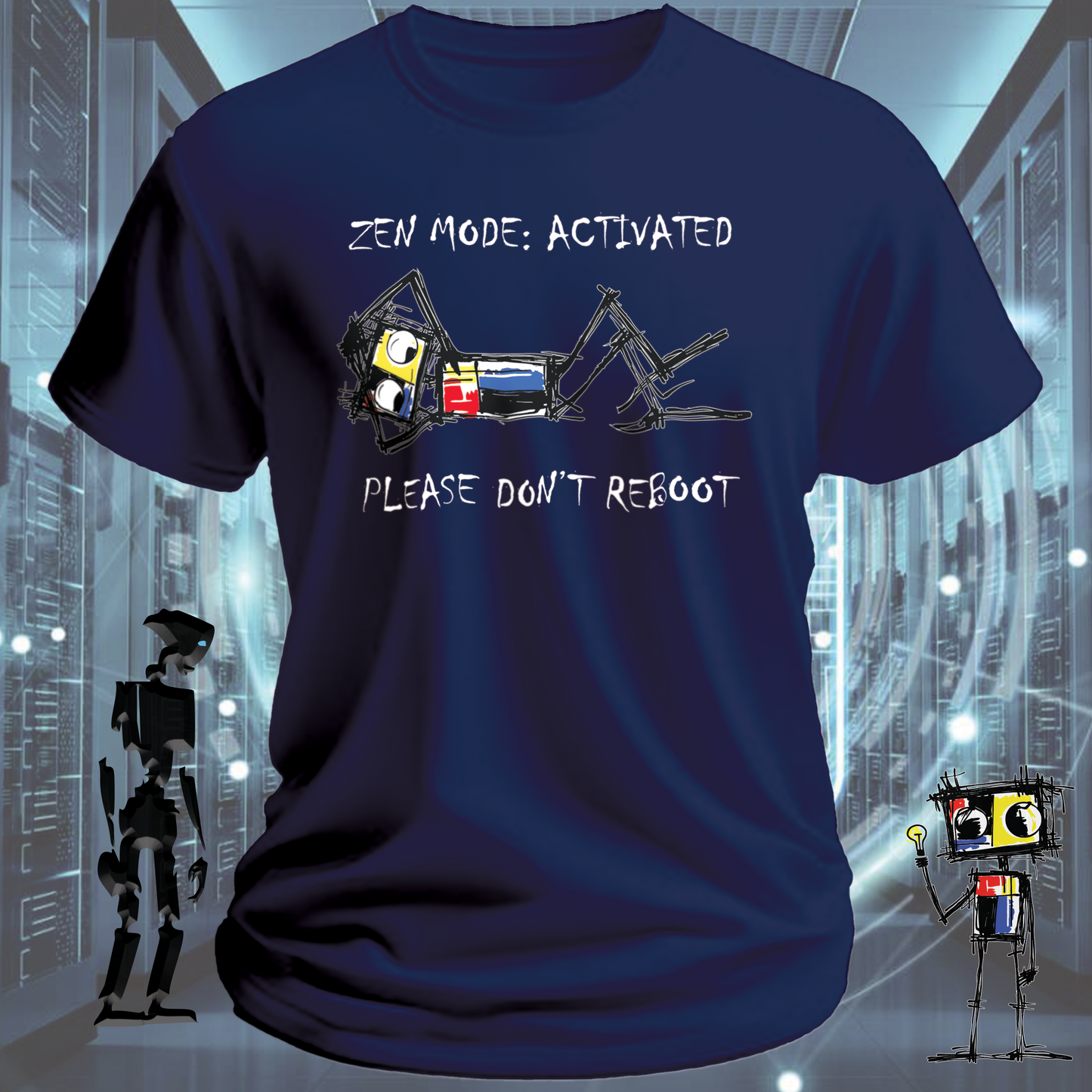 Zen Mode funny tech t-shirt for developers and engineers in deep focus — studio shot | inkit.design