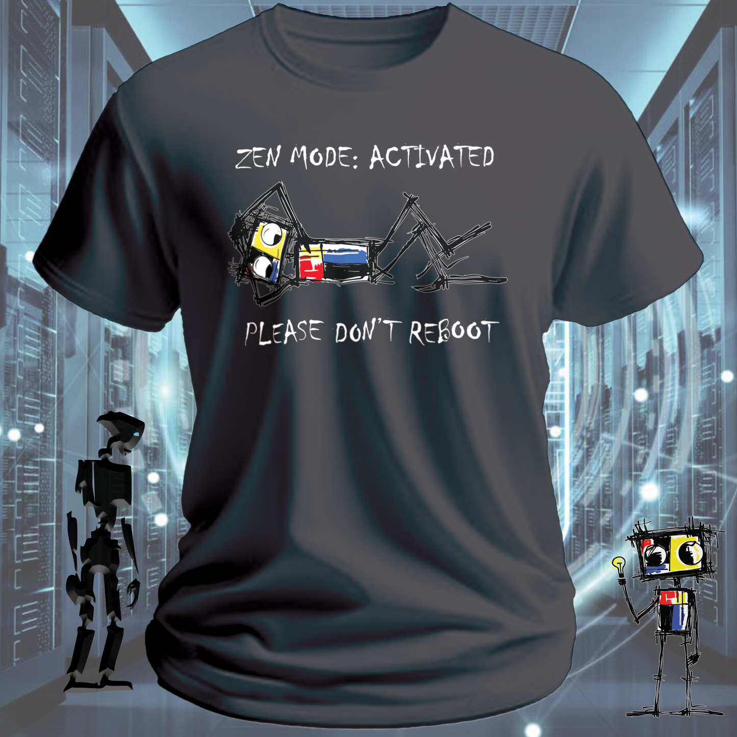 Zen Mode funny tech t-shirt for developers and engineers in deep focus — worn view | inkit.design