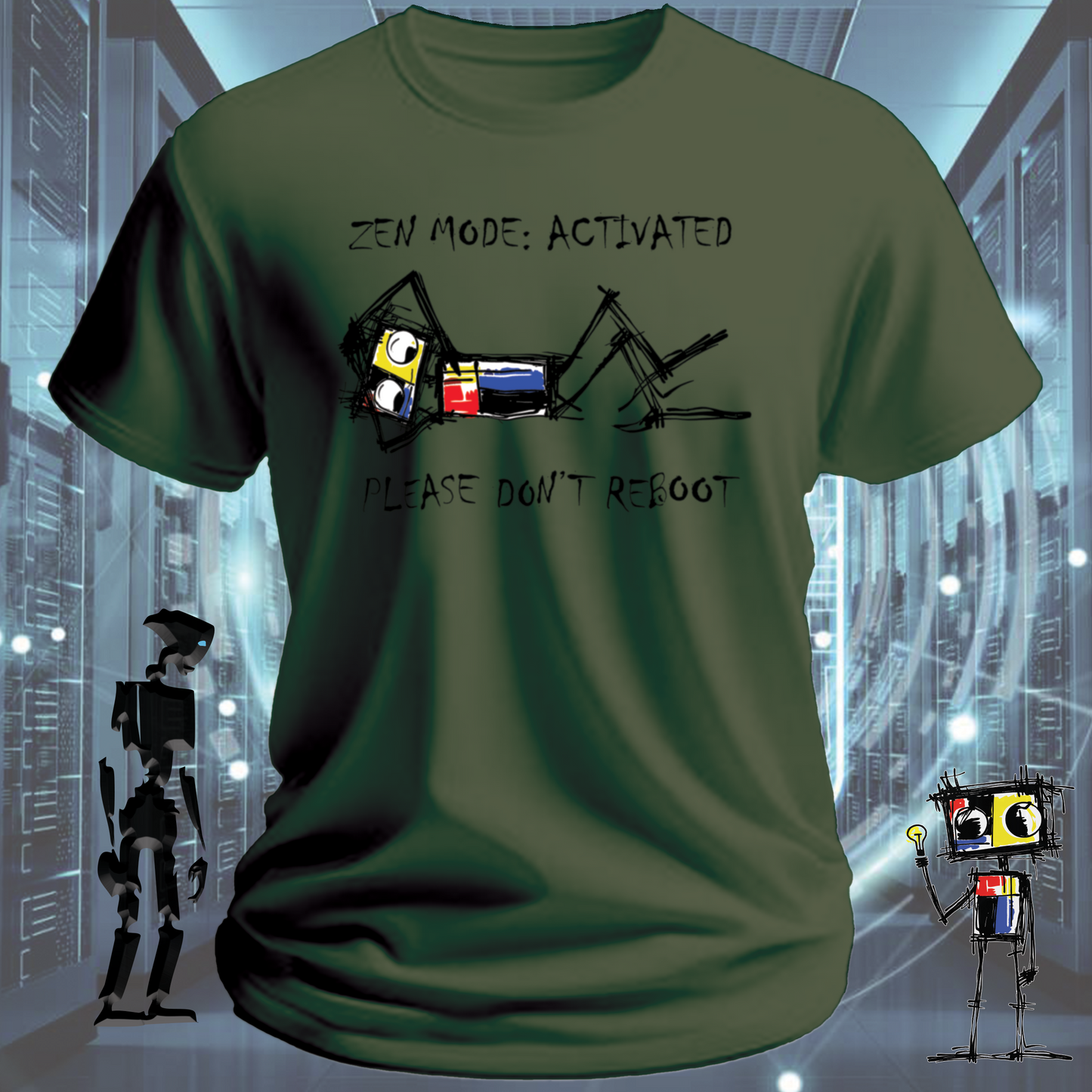 Zen Mode funny tech t-shirt for developers and engineers in deep focus — on model | inkit.design