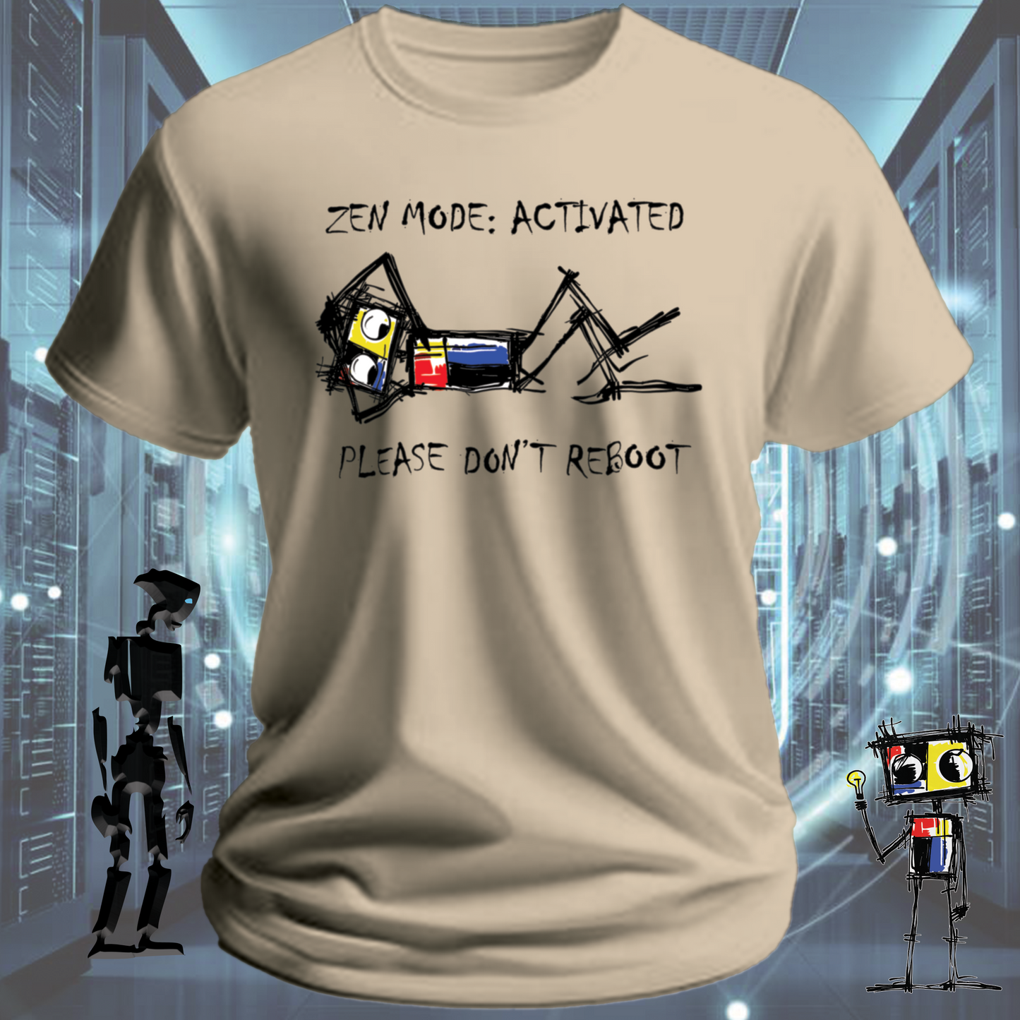 Zen Mode funny tech t-shirt for developers and engineers in deep focus — close up | inkit.design