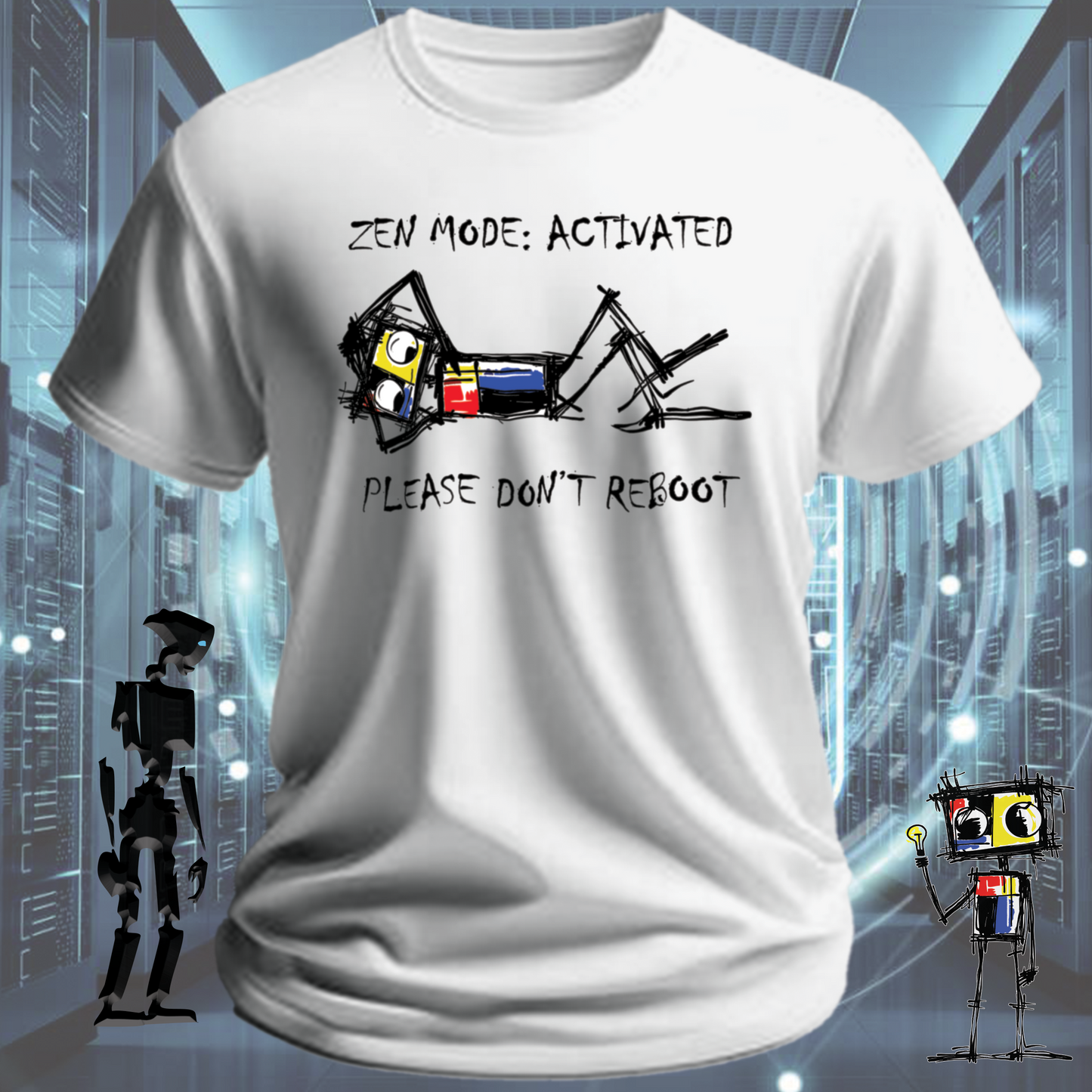 Zen Mode funny tech t-shirt for developers and engineers in deep focus — flat lay | inkit.design