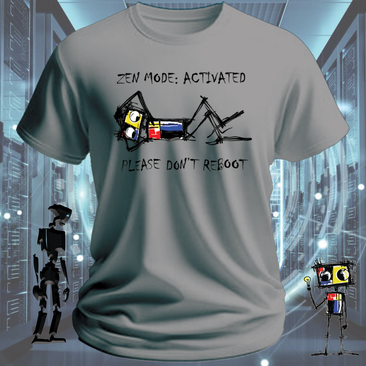 Zen Mode funny tech t-shirt for developers and engineers in deep focus — back view | inkit.design