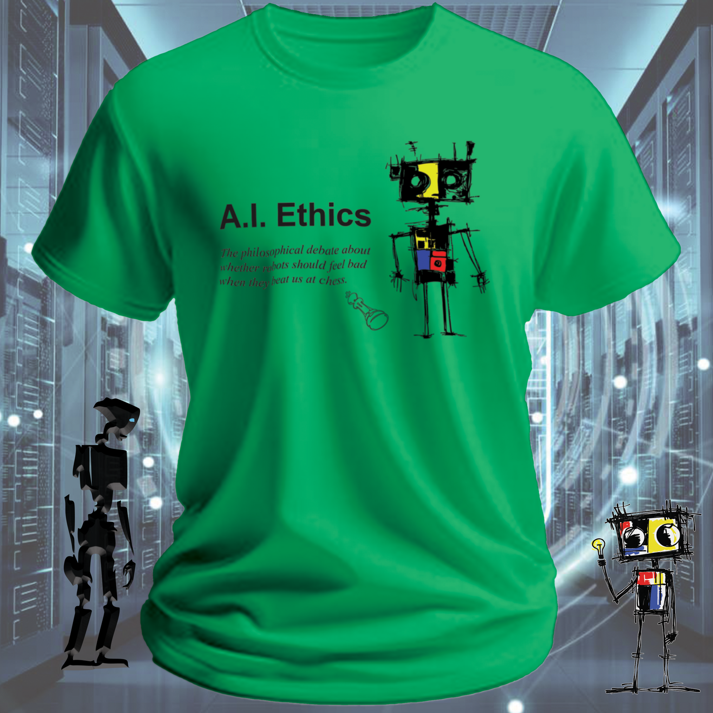 AI Ethics funny t-shirt for tech workers and AI researchers — worn view | inkit.design