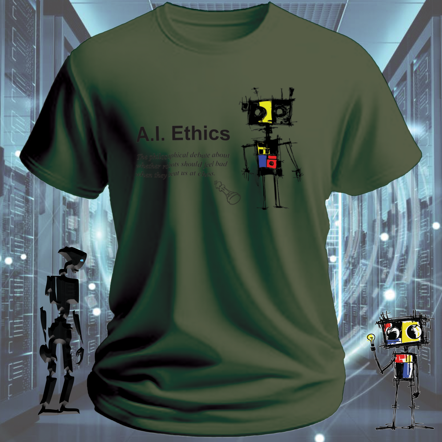 AI Ethics funny t-shirt for tech workers and AI researchers — flat lay | inkit.design
