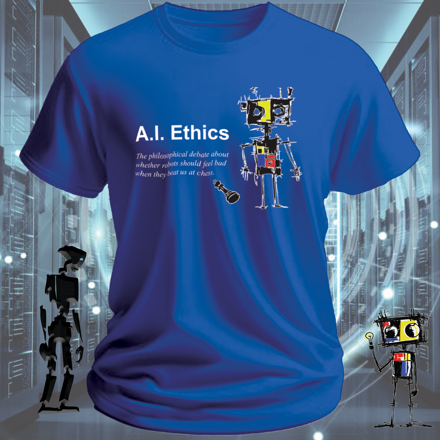 AI Ethics funny t-shirt for tech workers and AI researchers — close up | inkit.design