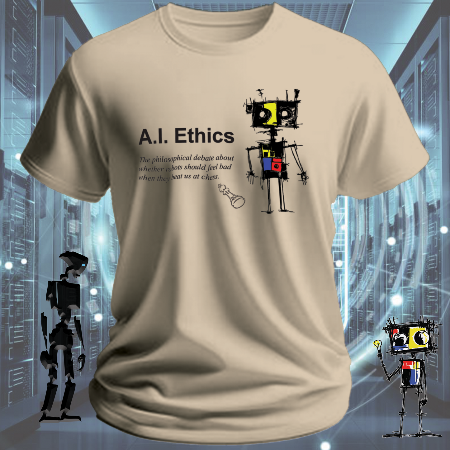 AI Ethics funny t-shirt for tech workers and AI researchers — detail view | inkit.design
