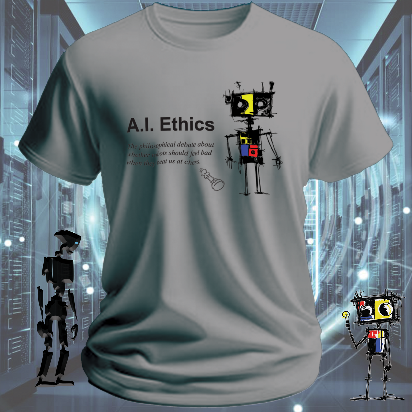 AI Ethics funny t-shirt for tech workers and AI researchers — on model | inkit.design