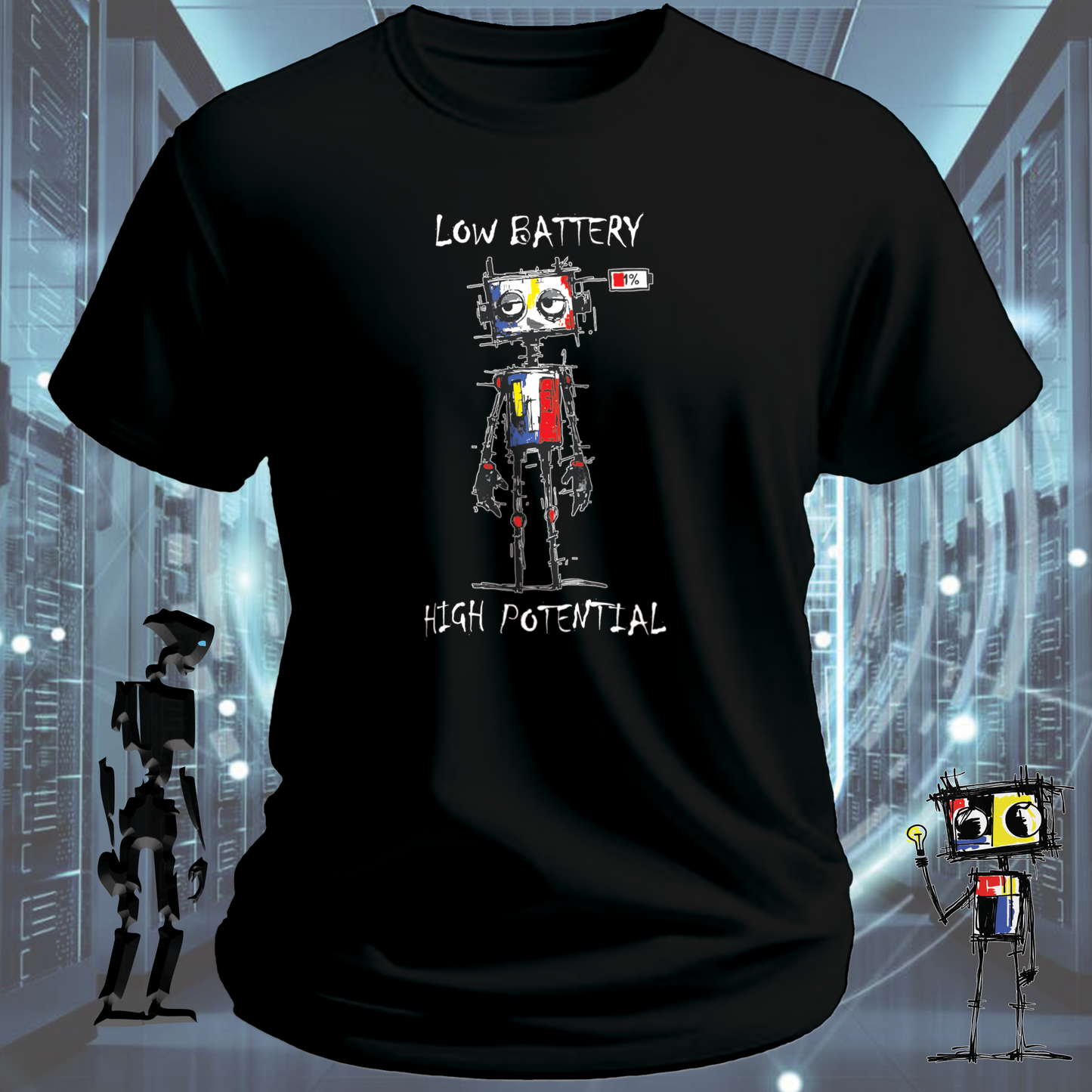 Low Battery funny robot t-shirt for IT professionals and developers — lifestyle shot | inkit.design