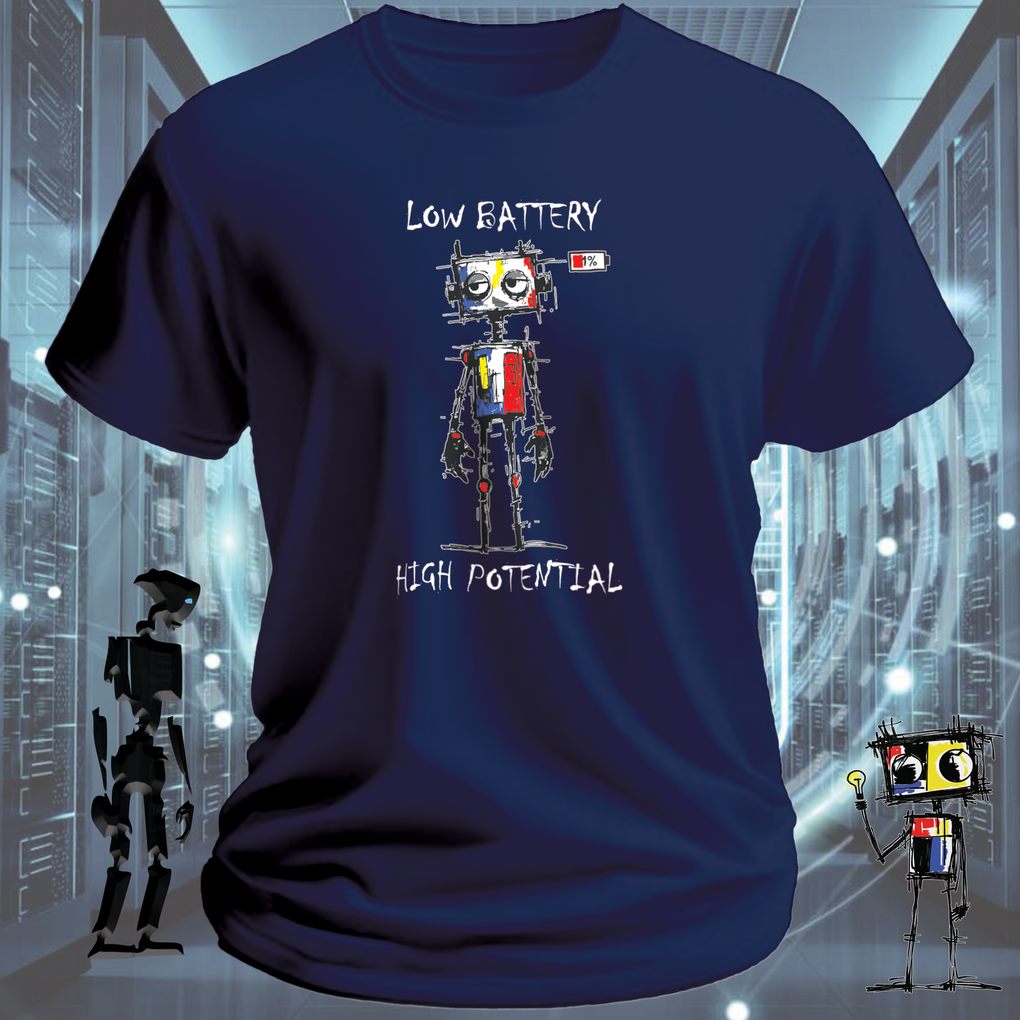 Low Battery funny robot t-shirt for IT professionals and developers — detail view | inkit.design