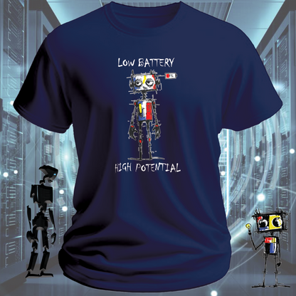 Low Battery funny robot t-shirt for IT professionals and developers — detail view | inkit.design