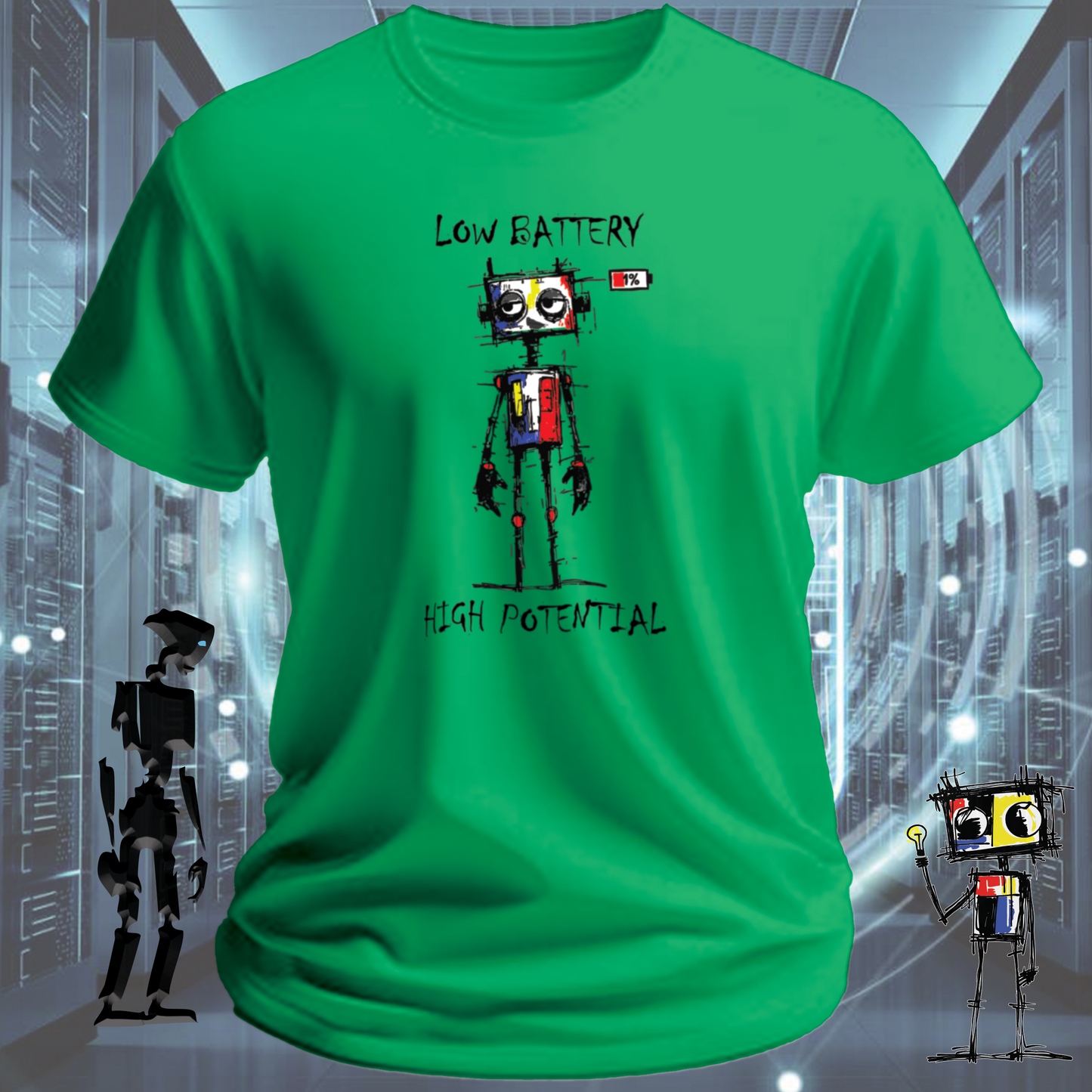 Low Battery funny robot t-shirt for IT professionals and developers — product detail | inkit.design