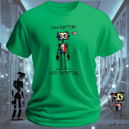 Low Battery funny robot t-shirt for IT professionals and developers — product detail | inkit.design