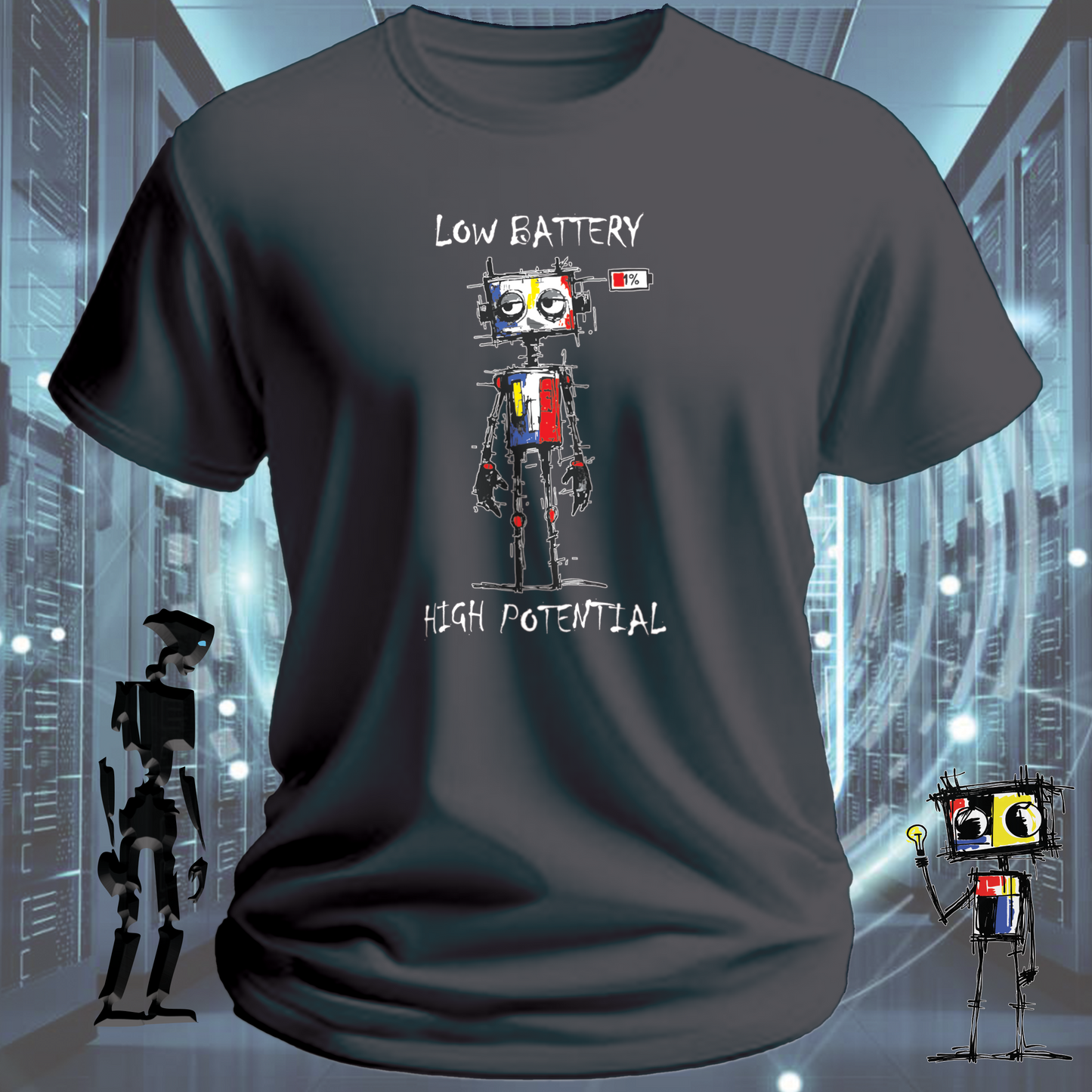 Low Battery funny robot t-shirt for IT professionals and developers — worn view | inkit.design