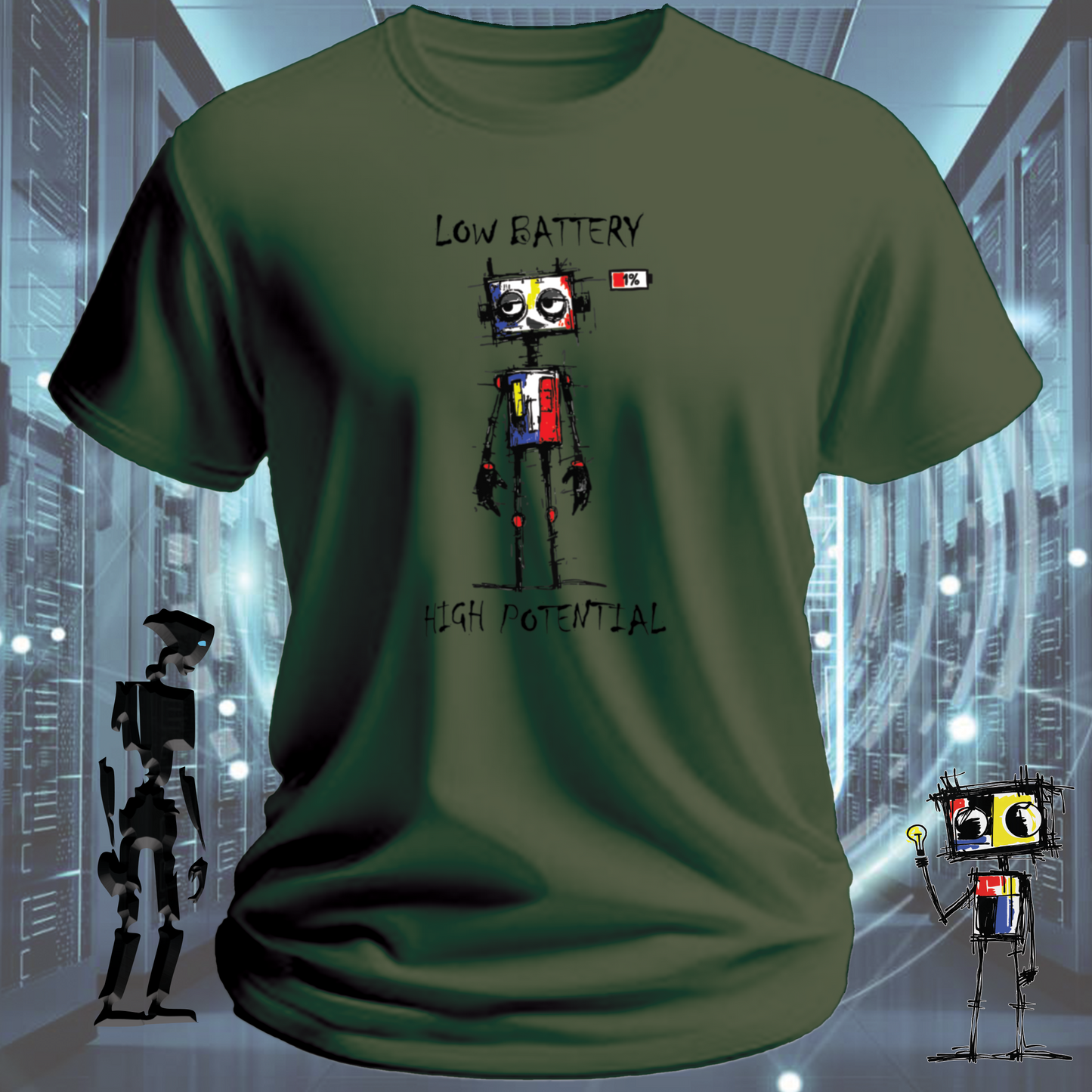 Low Battery funny robot t-shirt for IT professionals and developers — close up | inkit.design