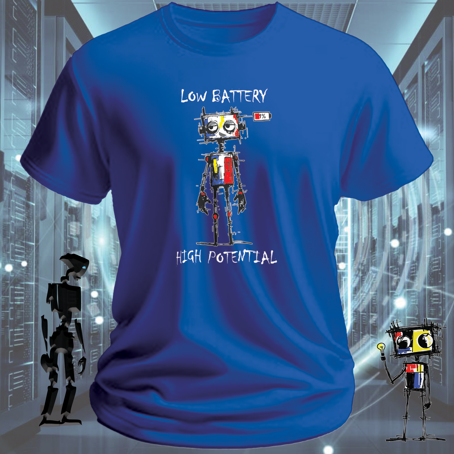 Low Battery funny robot t-shirt for IT professionals and developers — studio shot | inkit.design