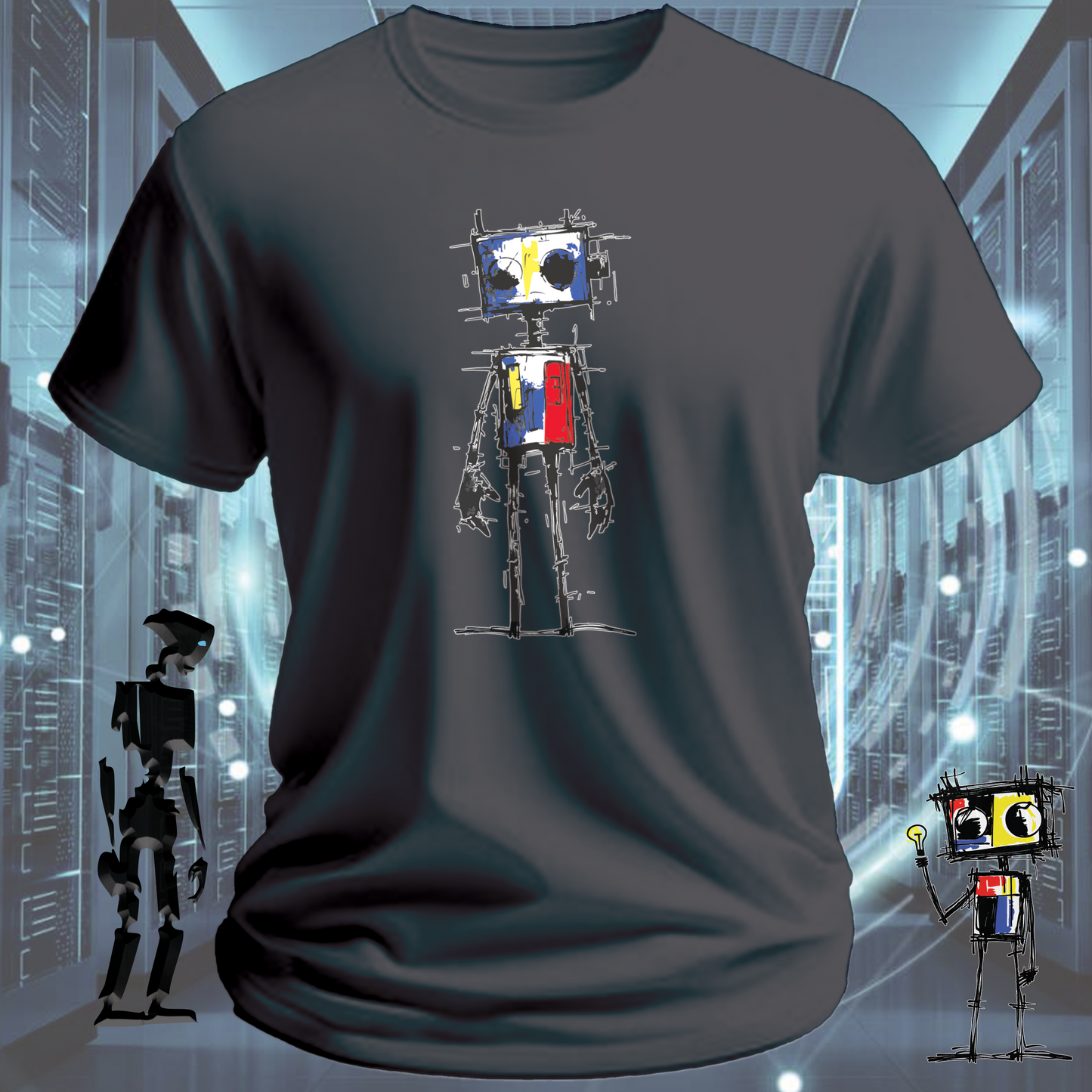 Sad Robot funny graphic t-shirt for IT professionals and developers — worn view | inkit.design