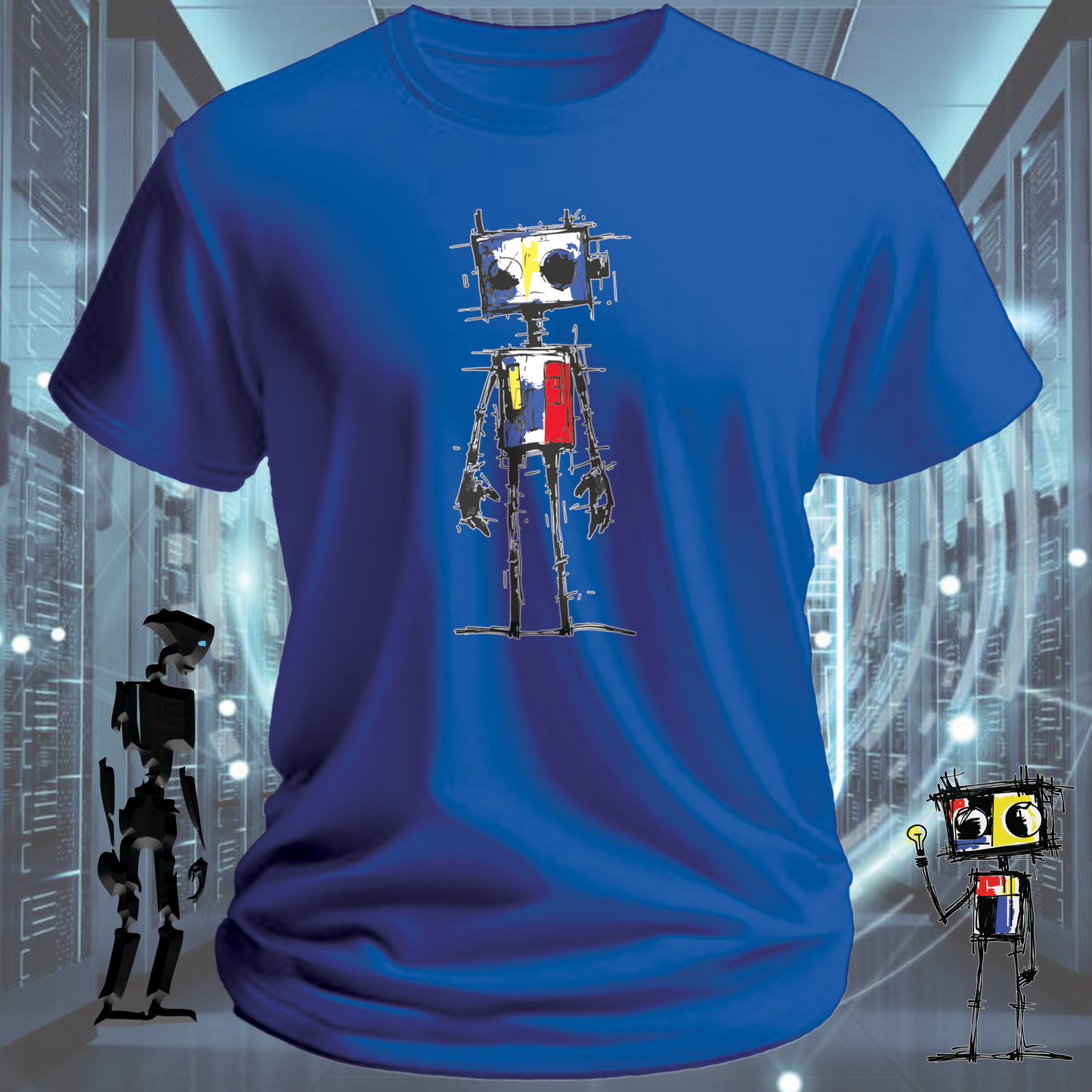 Sad Robot funny graphic t-shirt for IT professionals and developers — flat lay | inkit.design