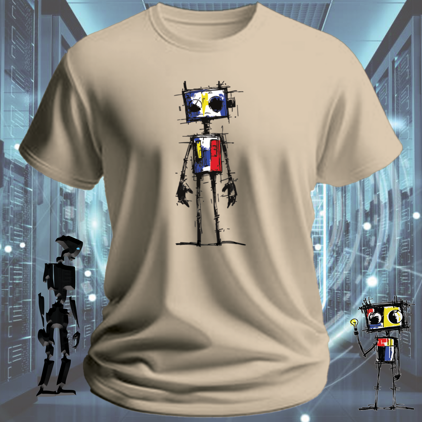 Sad Robot funny graphic t-shirt for IT professionals and developers — studio shot | inkit.design