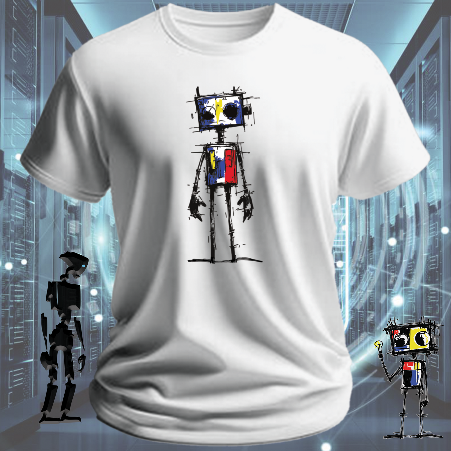 Sad Robot funny graphic t-shirt for IT professionals and developers — close up | inkit.design