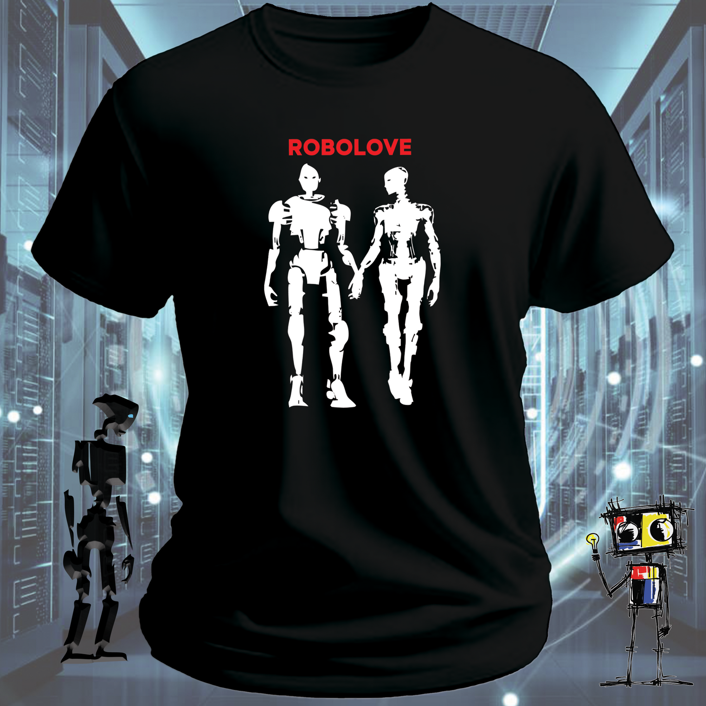 Robolove robot graphic t-shirt for the romantically technical — on model | inkit.design