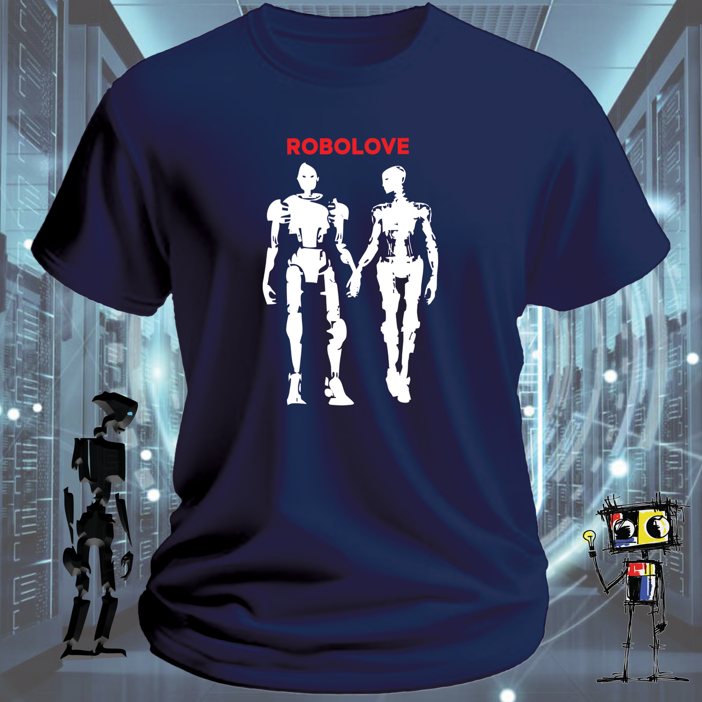 Robolove robot graphic t-shirt for the romantically technical — close up | inkit.design