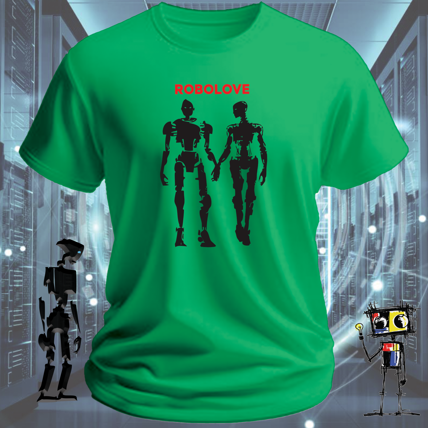 Robolove robot graphic t-shirt for the romantically technical — studio shot | inkit.design