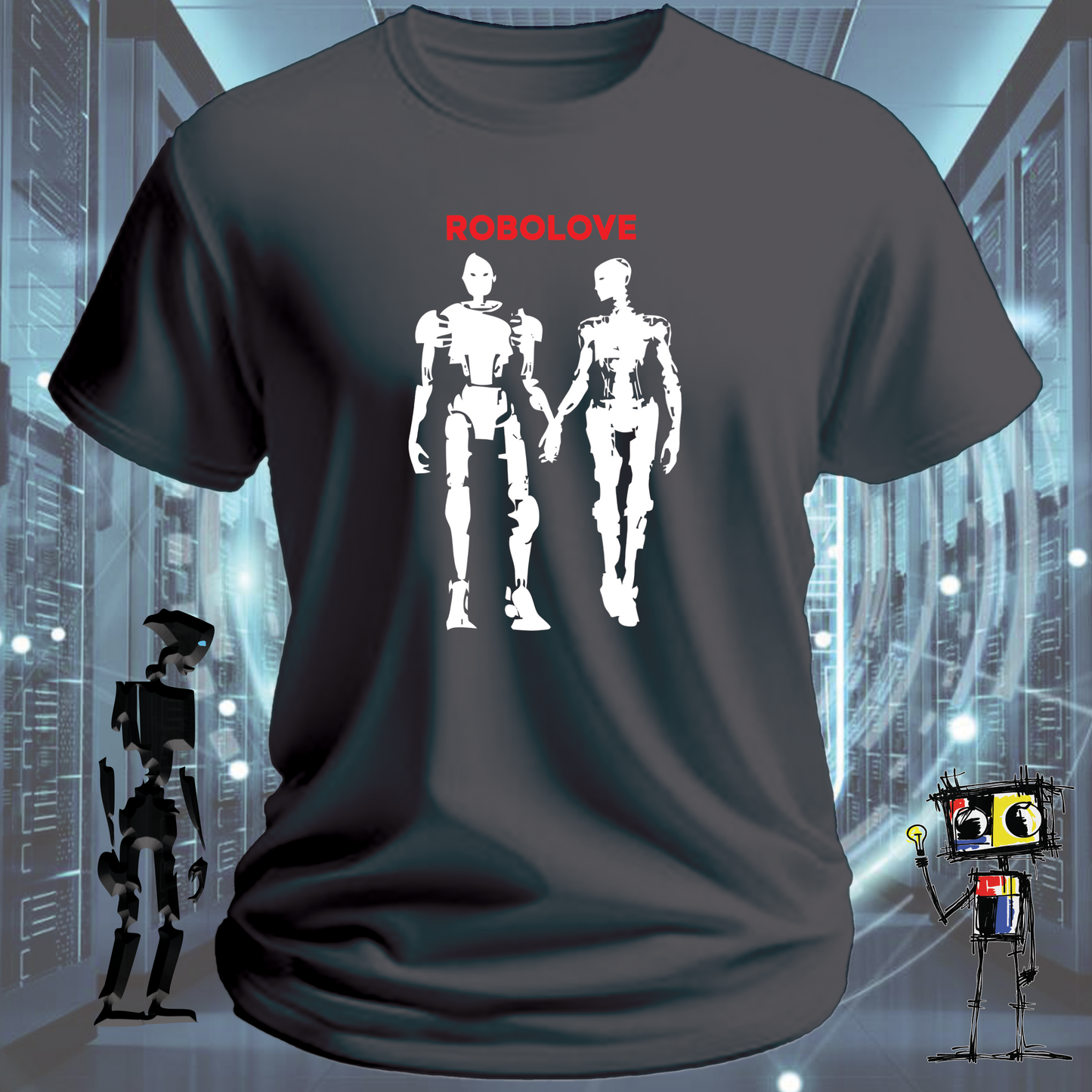 Robolove robot graphic t-shirt for the romantically technical — worn view | inkit.design
