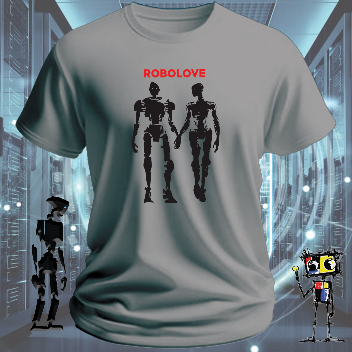 Robolove robot graphic t-shirt for the romantically technical — flat lay | inkit.design