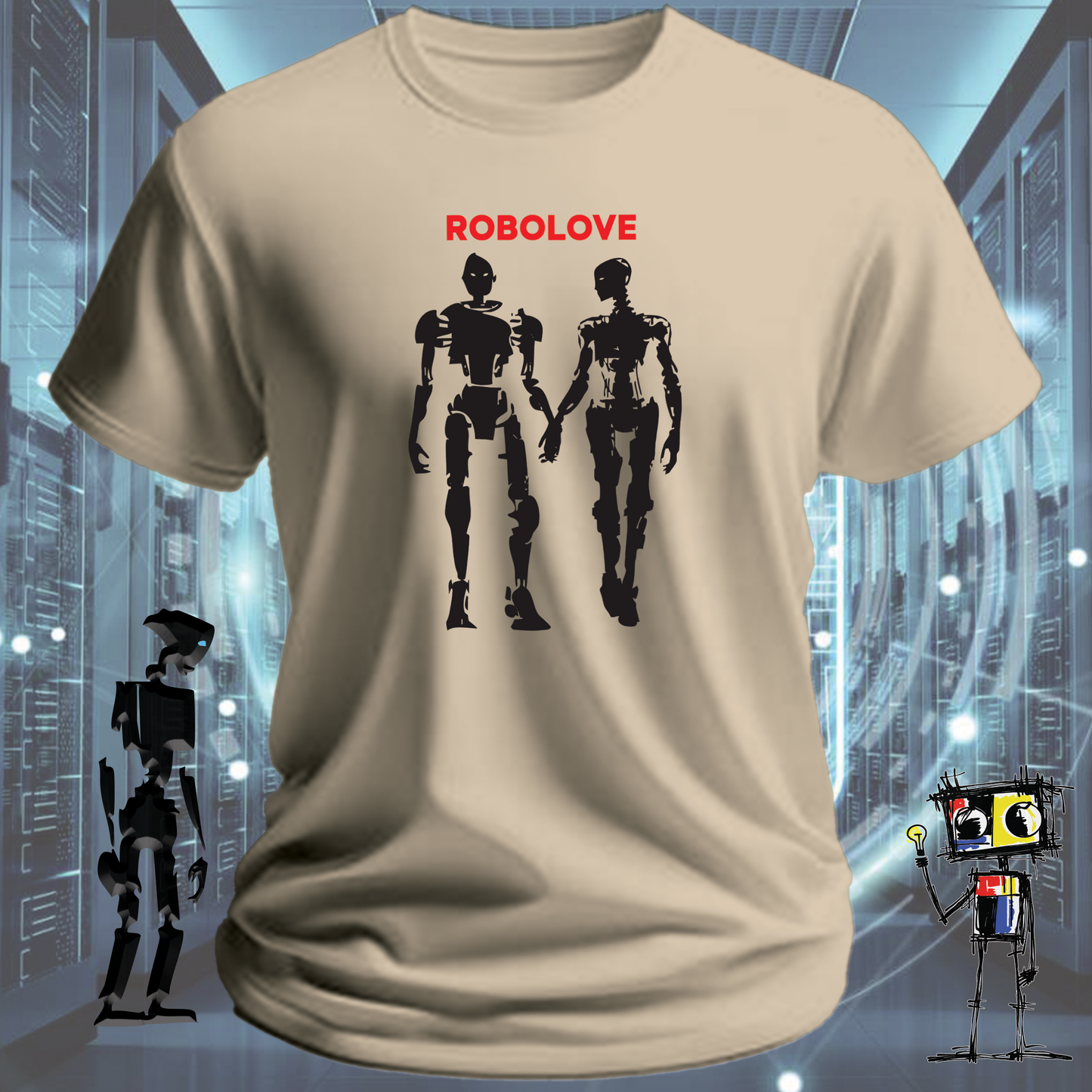 Robolove robot graphic t-shirt for the romantically technical — detail view | inkit.design