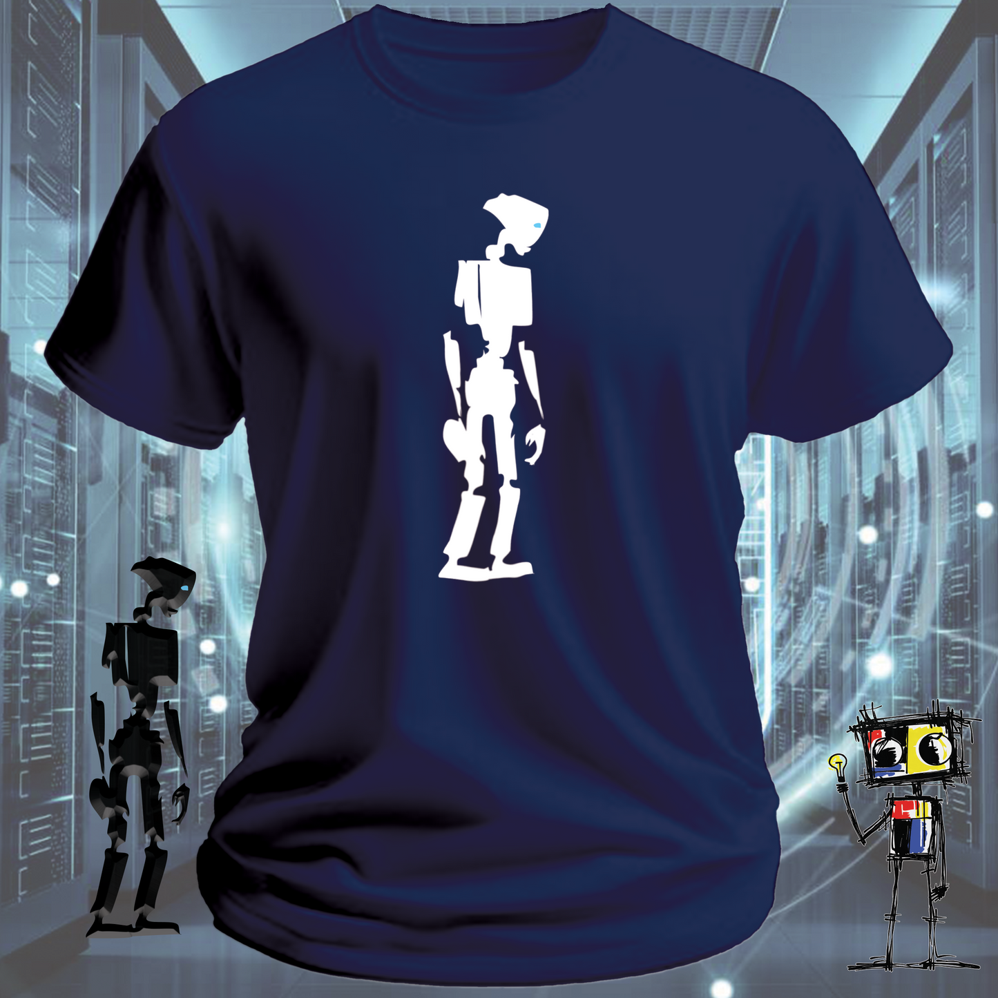 Robot classic graphic t-shirt for robotics fans and engineers — close up | inkit.design