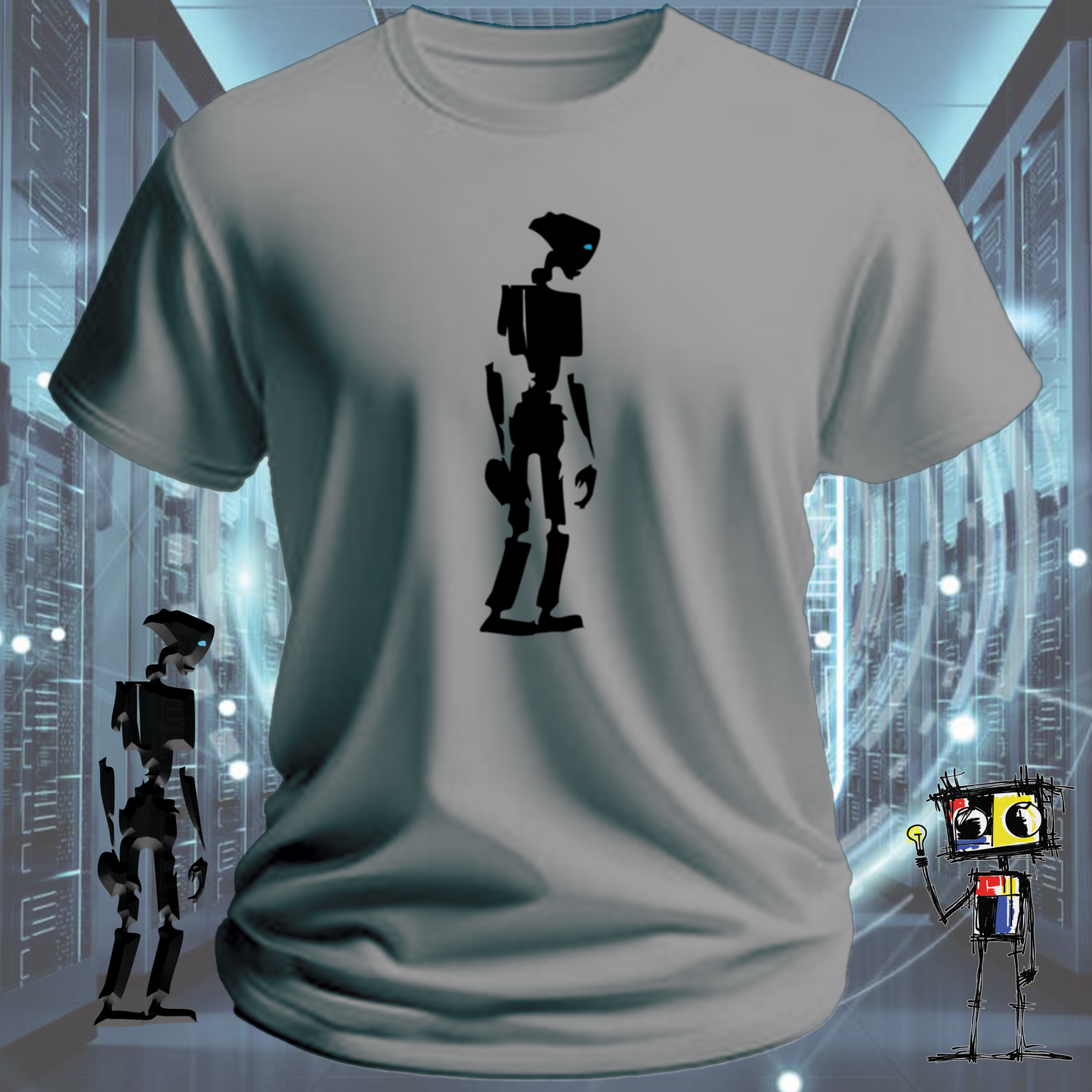 Robot classic graphic t-shirt for robotics fans and engineers — on model | inkit.design