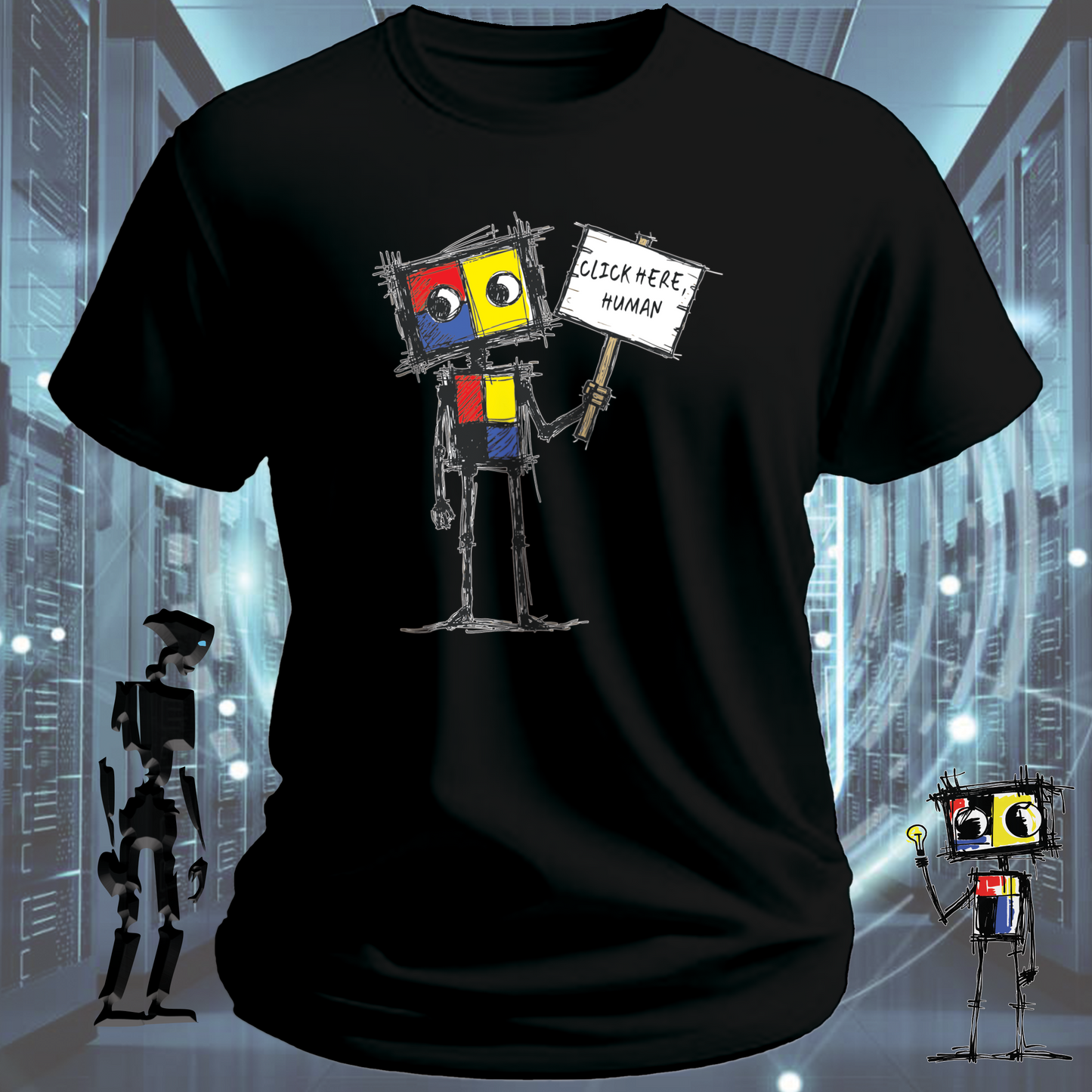 Click Here funny IT t-shirt for developers and UX designers — lifestyle shot | inkit.design