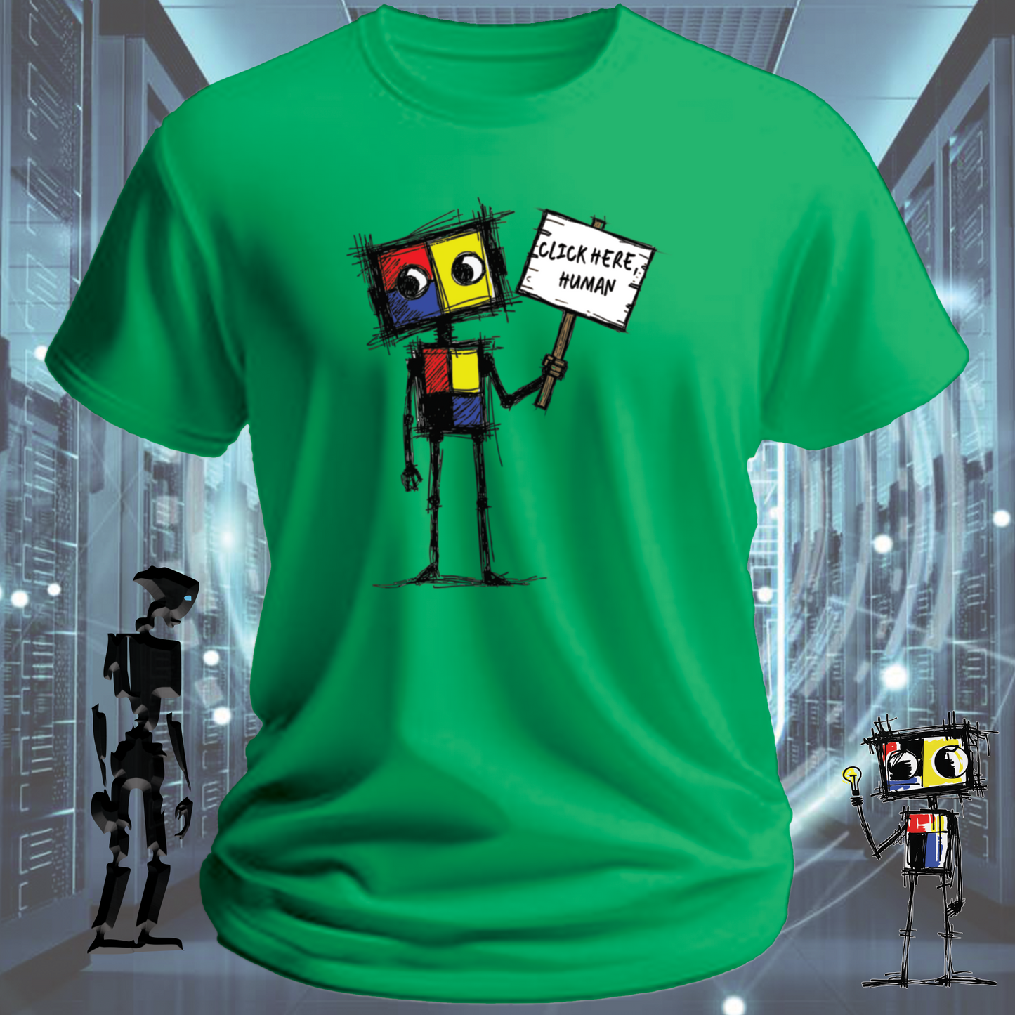 Click Here funny IT t-shirt for developers and UX designers — worn view | inkit.design