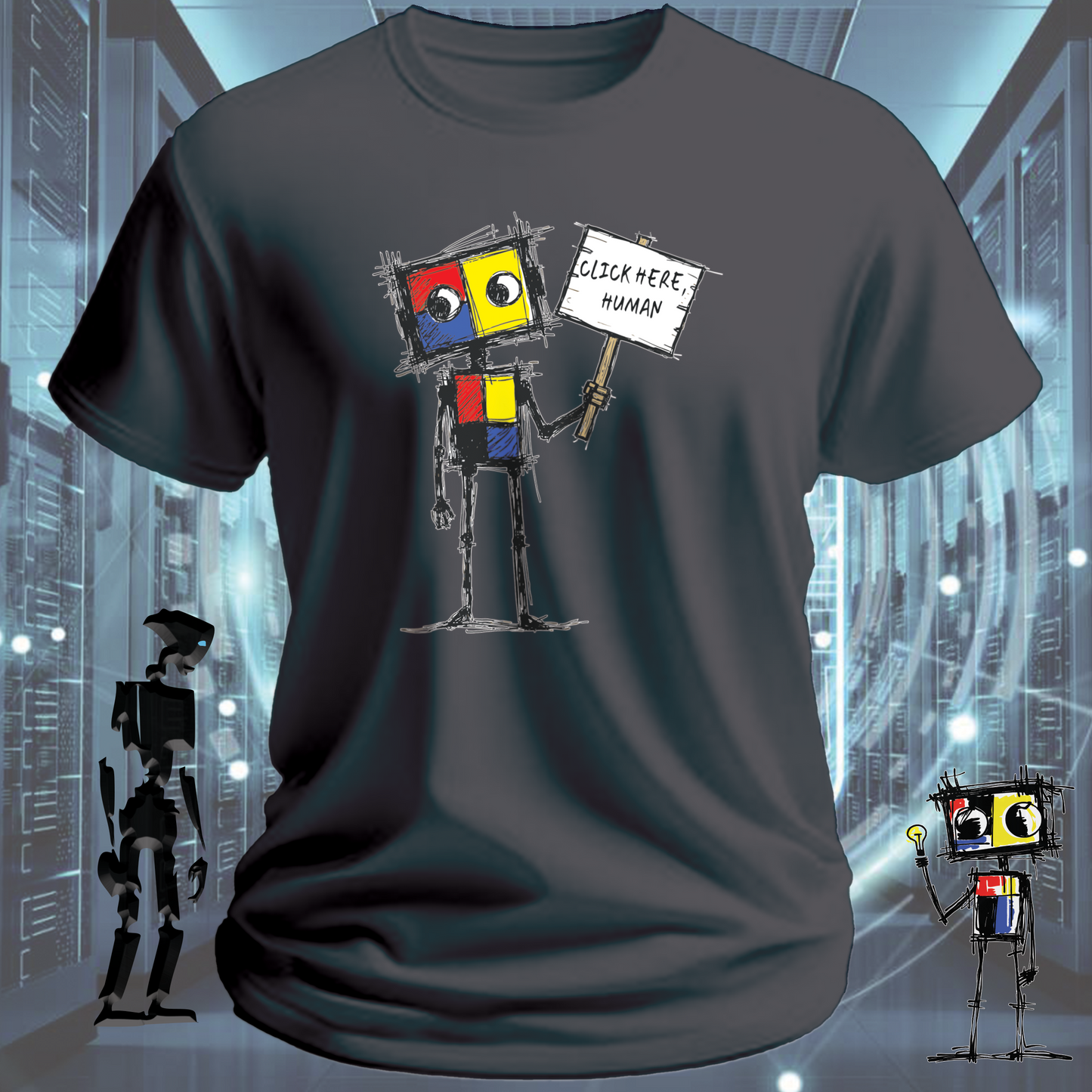 Click Here funny IT t-shirt for developers and UX designers — studio shot | inkit.design