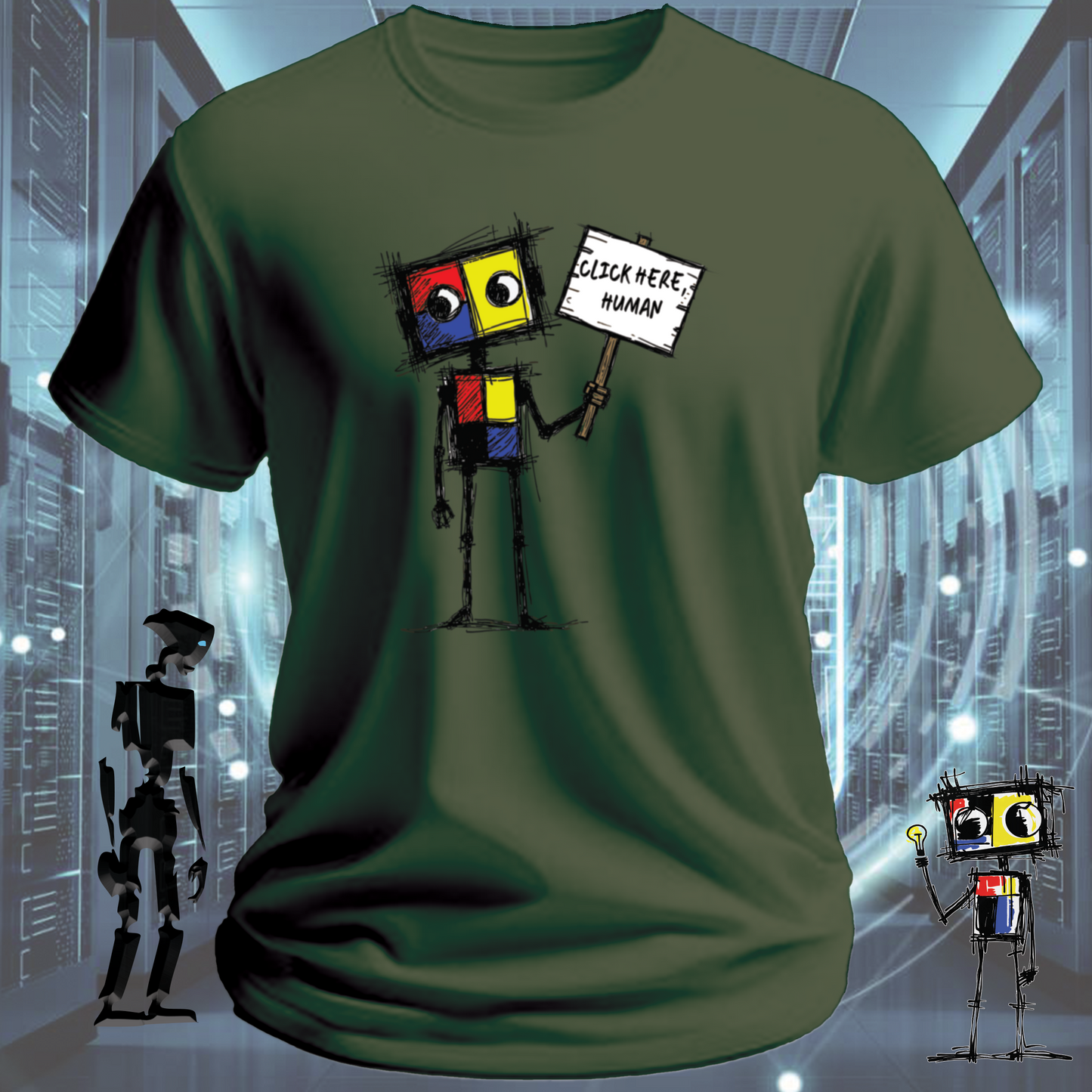 Click Here funny IT t-shirt for developers and UX designers — on model | inkit.design