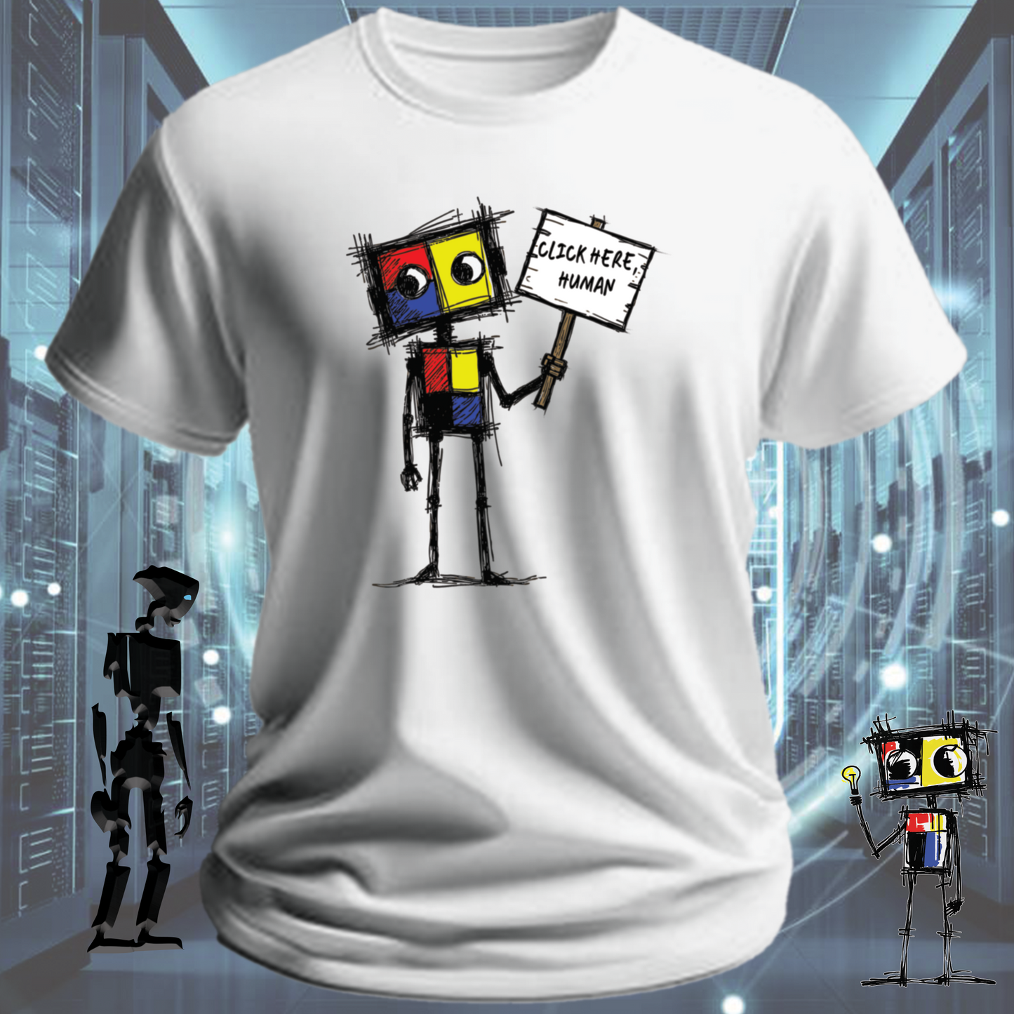 Click Here funny IT t-shirt for developers and UX designers — flat lay | inkit.design