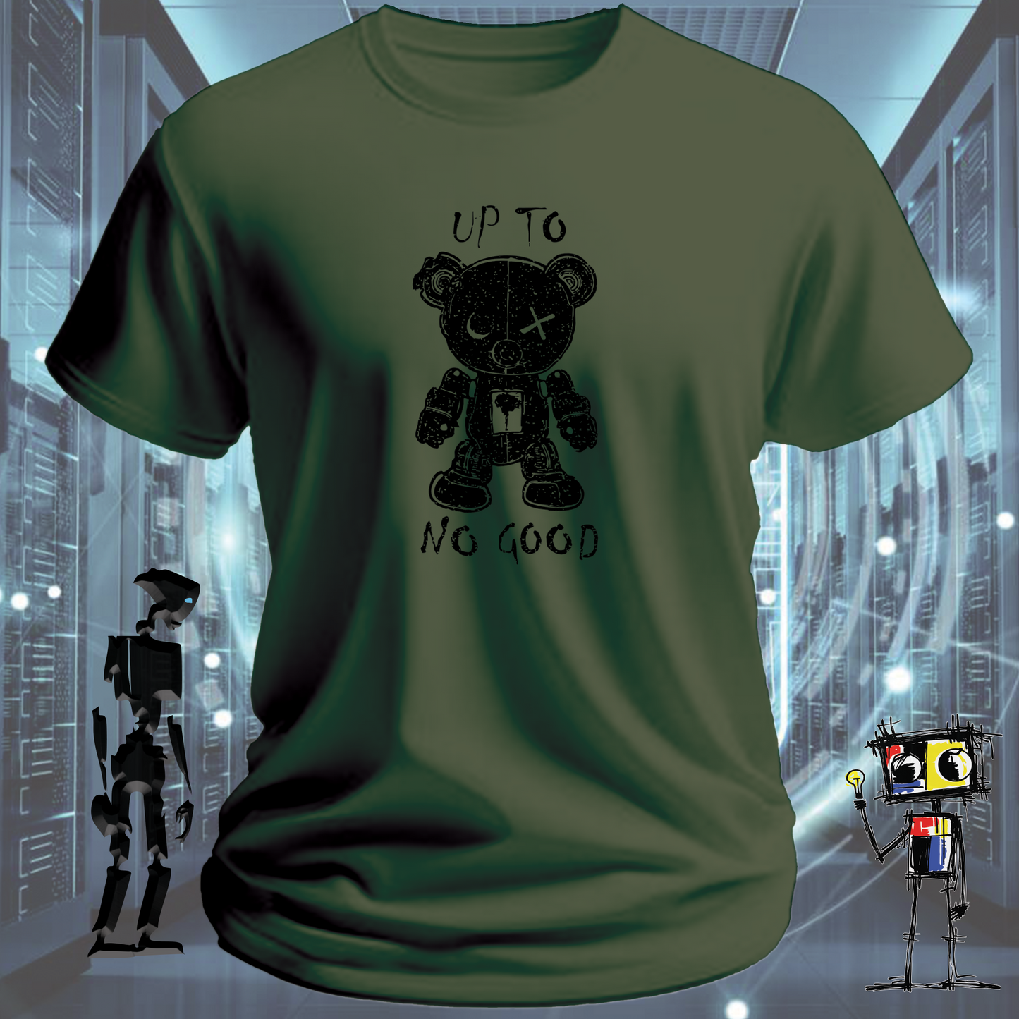 Up to No Good funny graphic t-shirt for IT professionals and developers — flat lay | inkit.design
