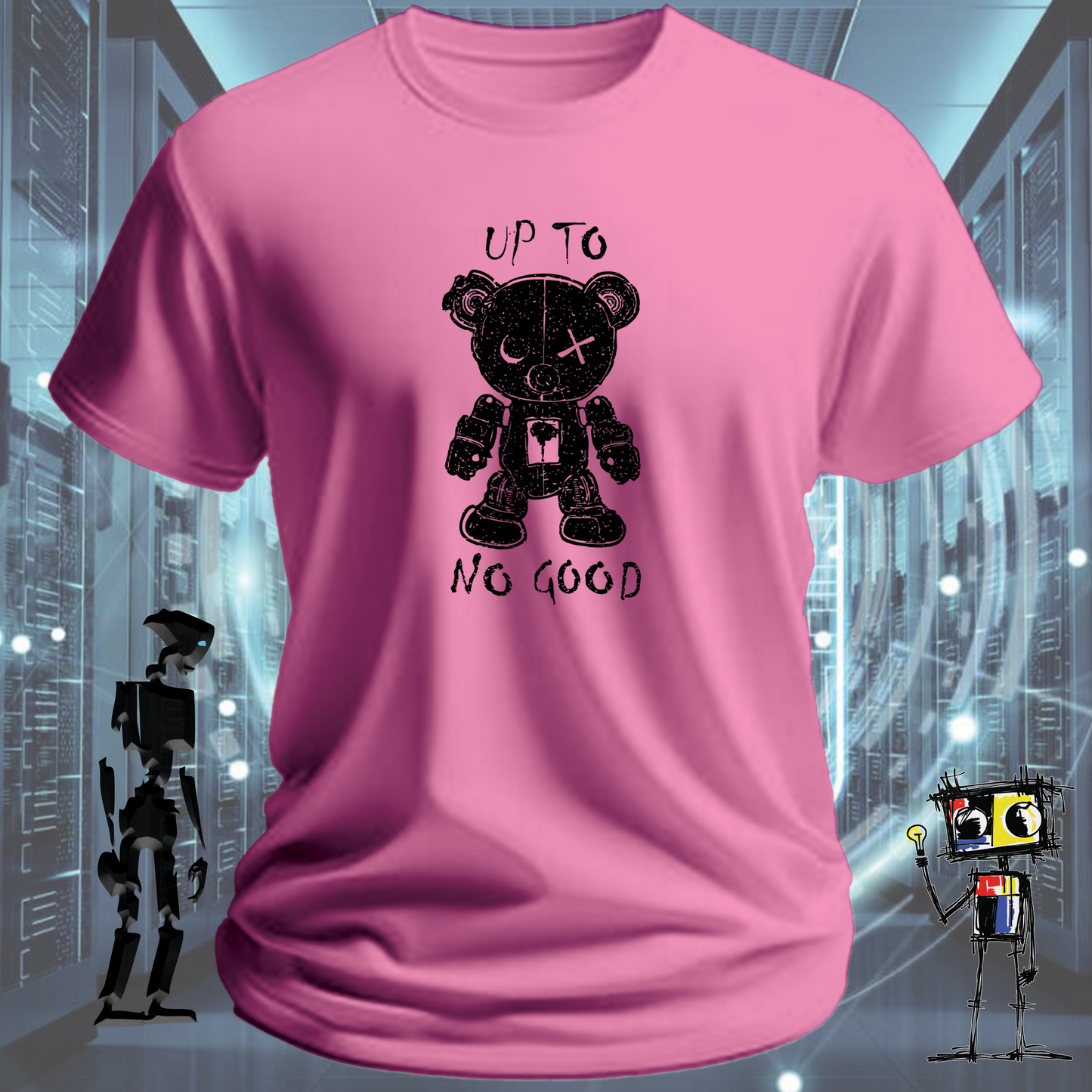 Up to No Good funny graphic t-shirt for IT professionals and developers — worn view | inkit.design