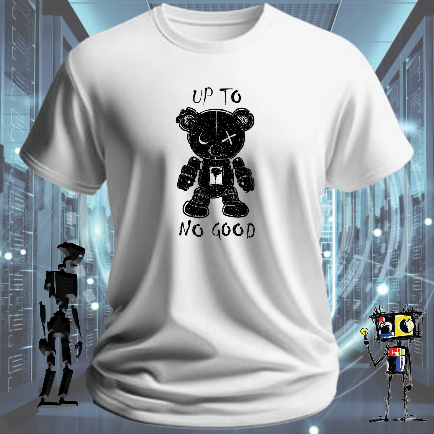 Up to No Good funny graphic t-shirt for IT professionals and developers — back view | inkit.design