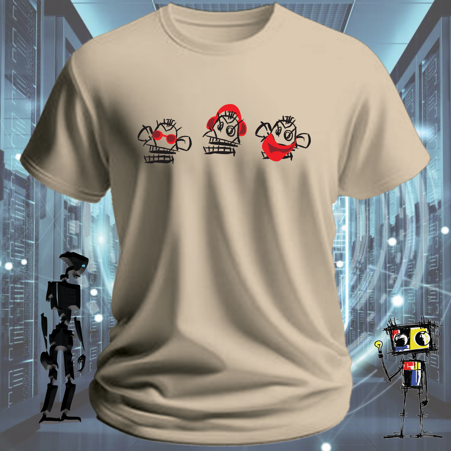3 Munkees graphic t-shirt for developers and IT professionals — flat lay | inkit.design