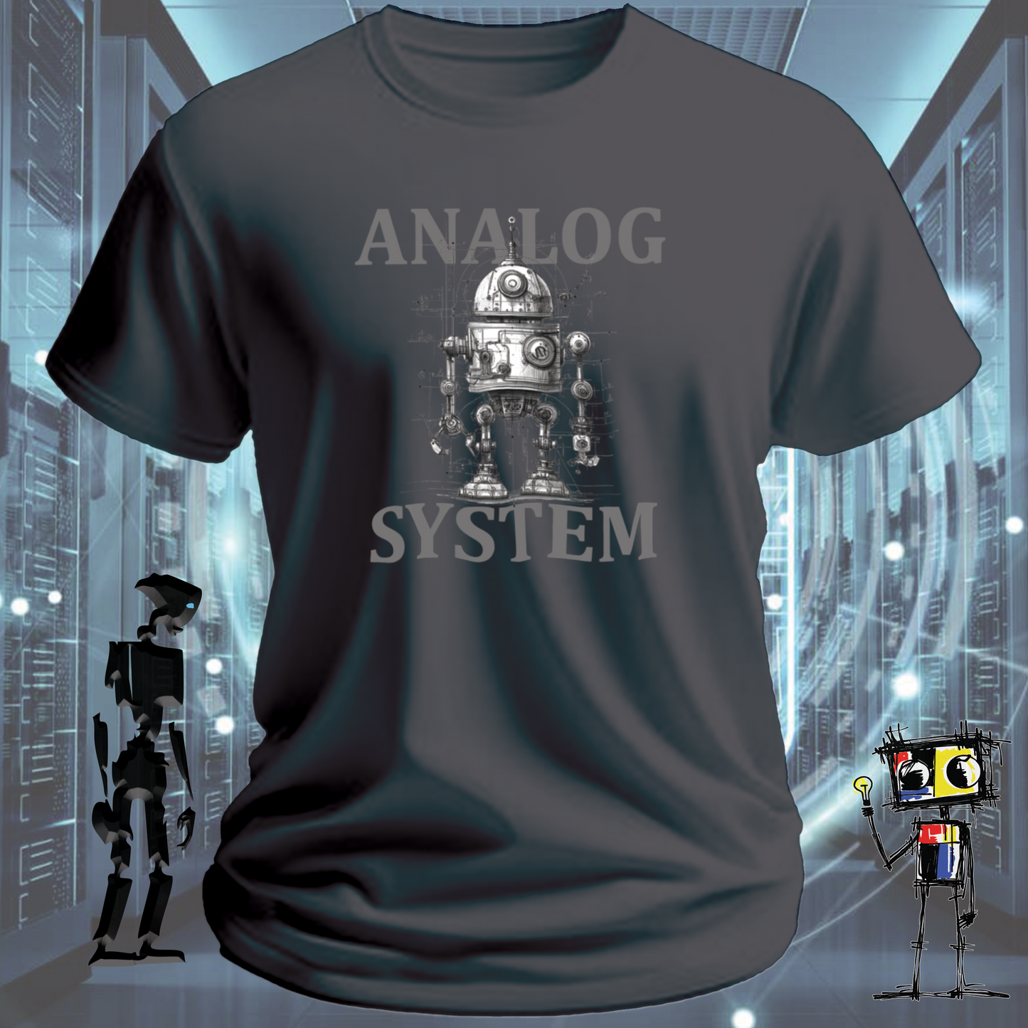 Analog System retro tech t-shirt for engineers who appreciate the mechanical — worn view | inkit.design