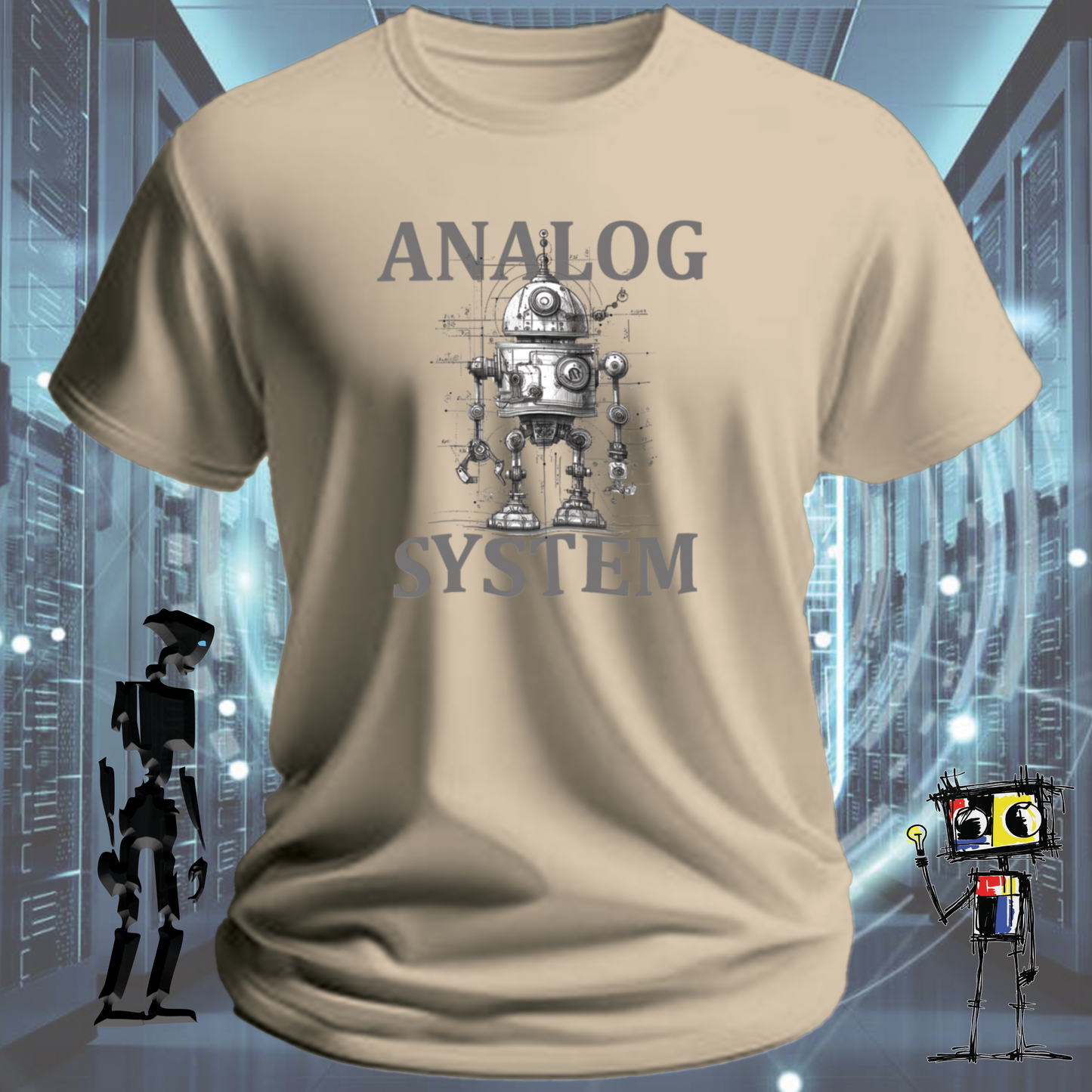Analog System retro tech t-shirt for engineers who appreciate the mechanical — close up | inkit.design