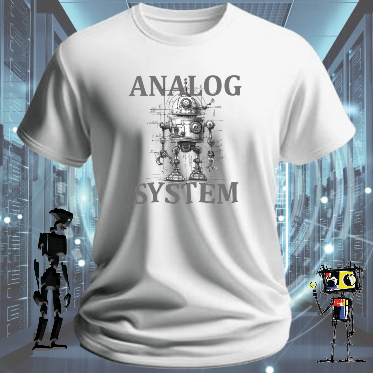 Analog System retro tech t-shirt for engineers who appreciate the mechanical — on model | inkit.design