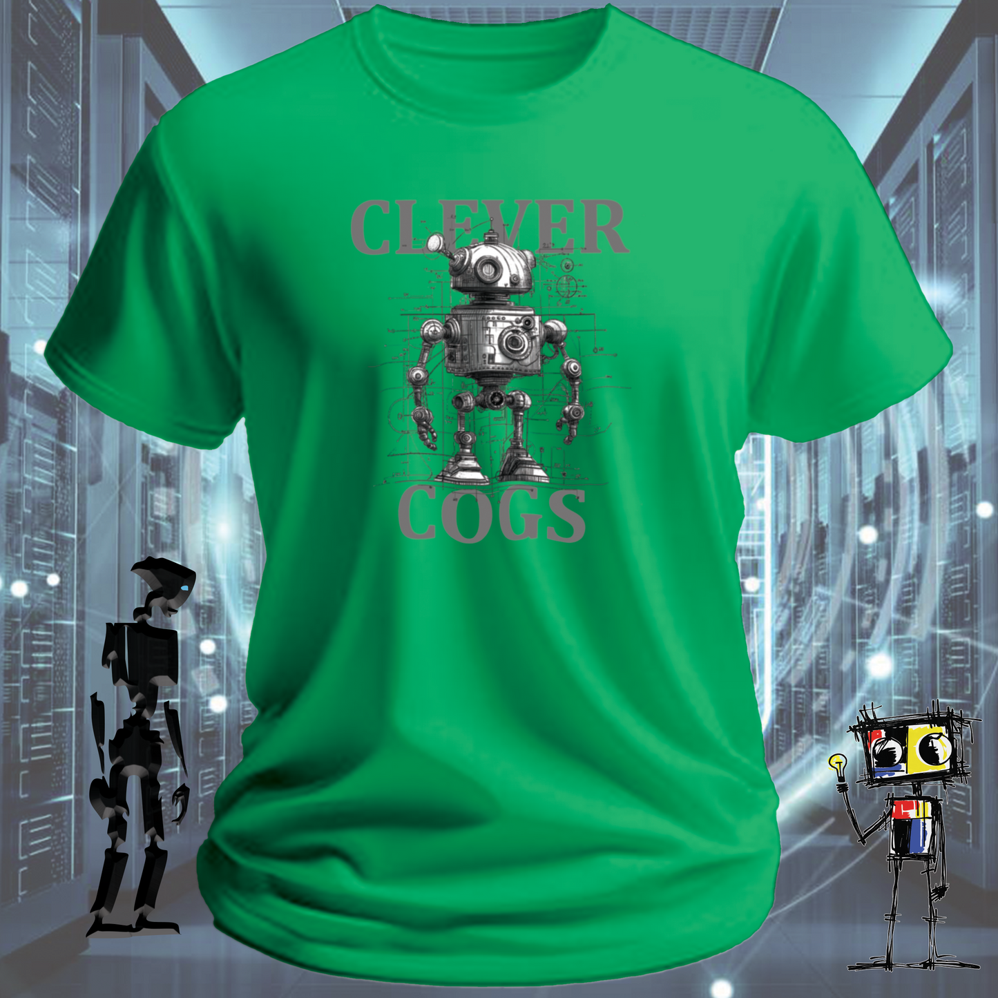 Clever Cogs graphic t-shirt for engineers and makers — worn view | inkit.design