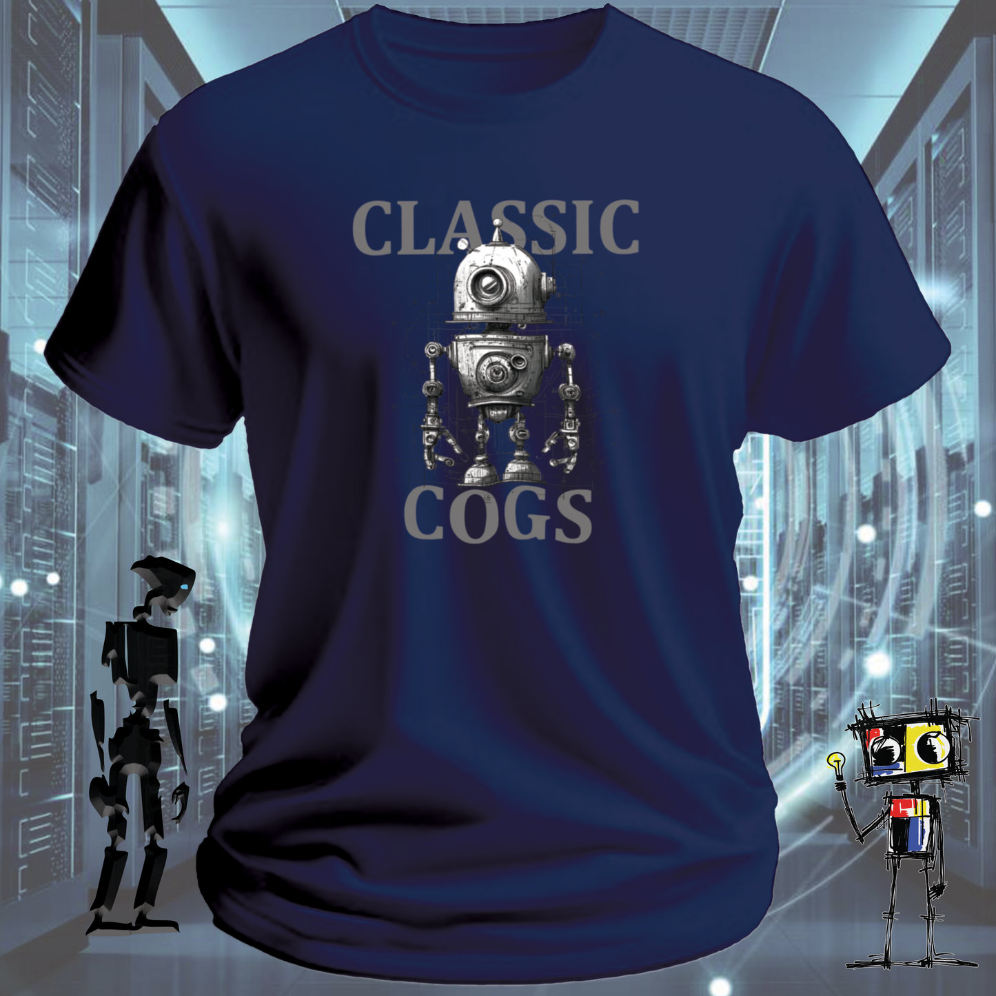 Classic Cogs retro tech t-shirt for engineers and makers — close up | inkit.design