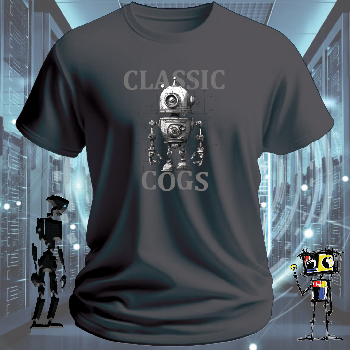 Classic Cogs retro tech t-shirt for engineers and makers — worn view | inkit.design