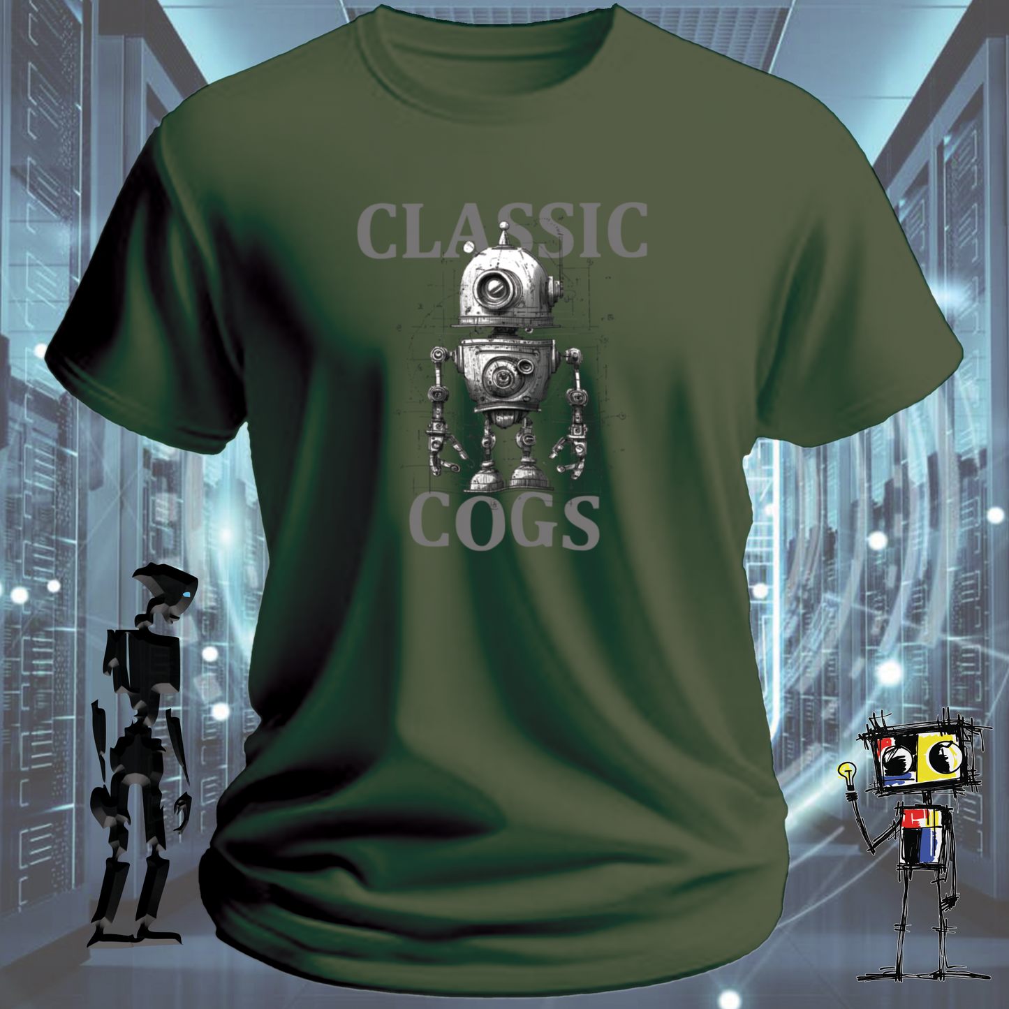 Classic Cogs retro tech t-shirt for engineers and makers — on model | inkit.design