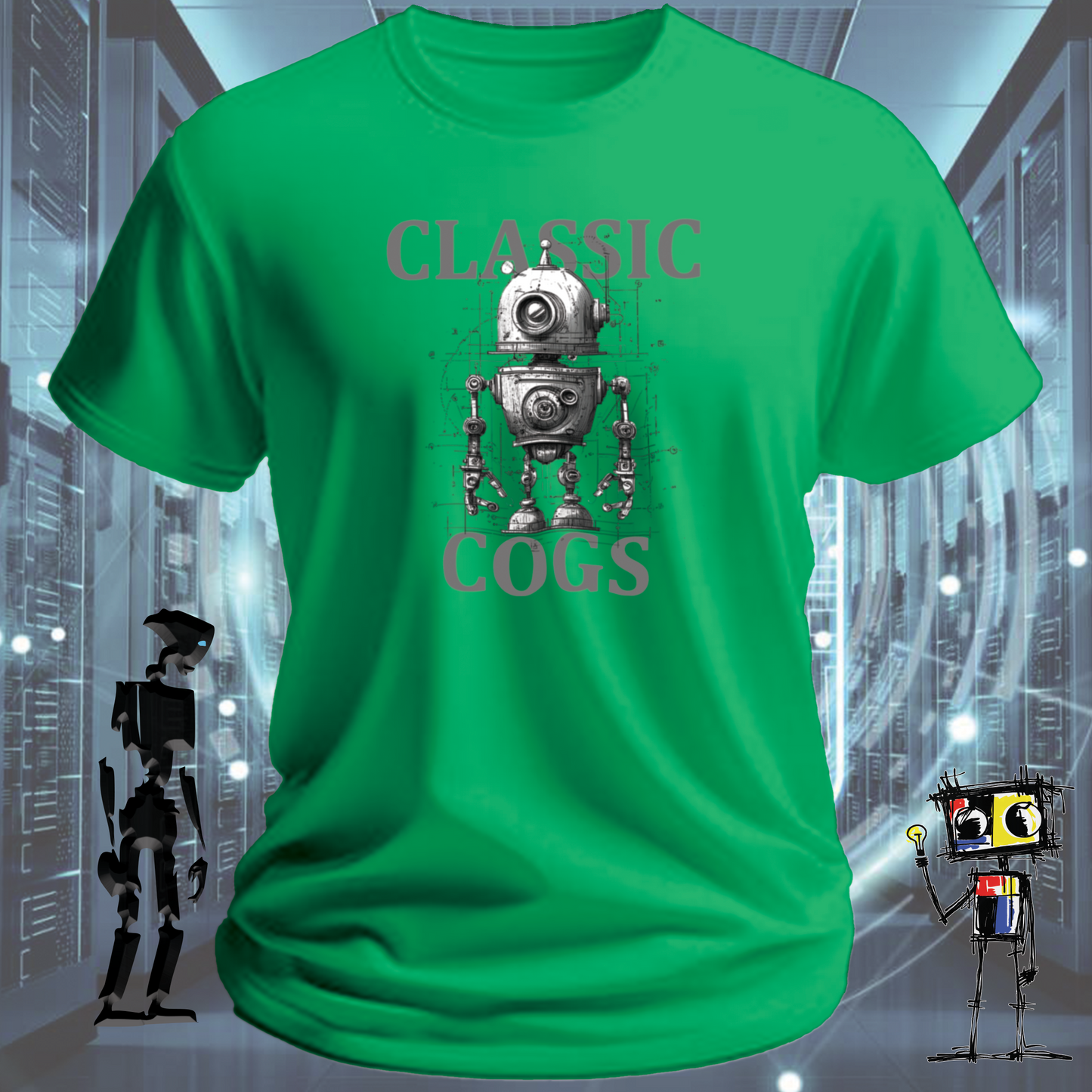 Classic Cogs retro tech t-shirt for engineers and makers — studio shot | inkit.design