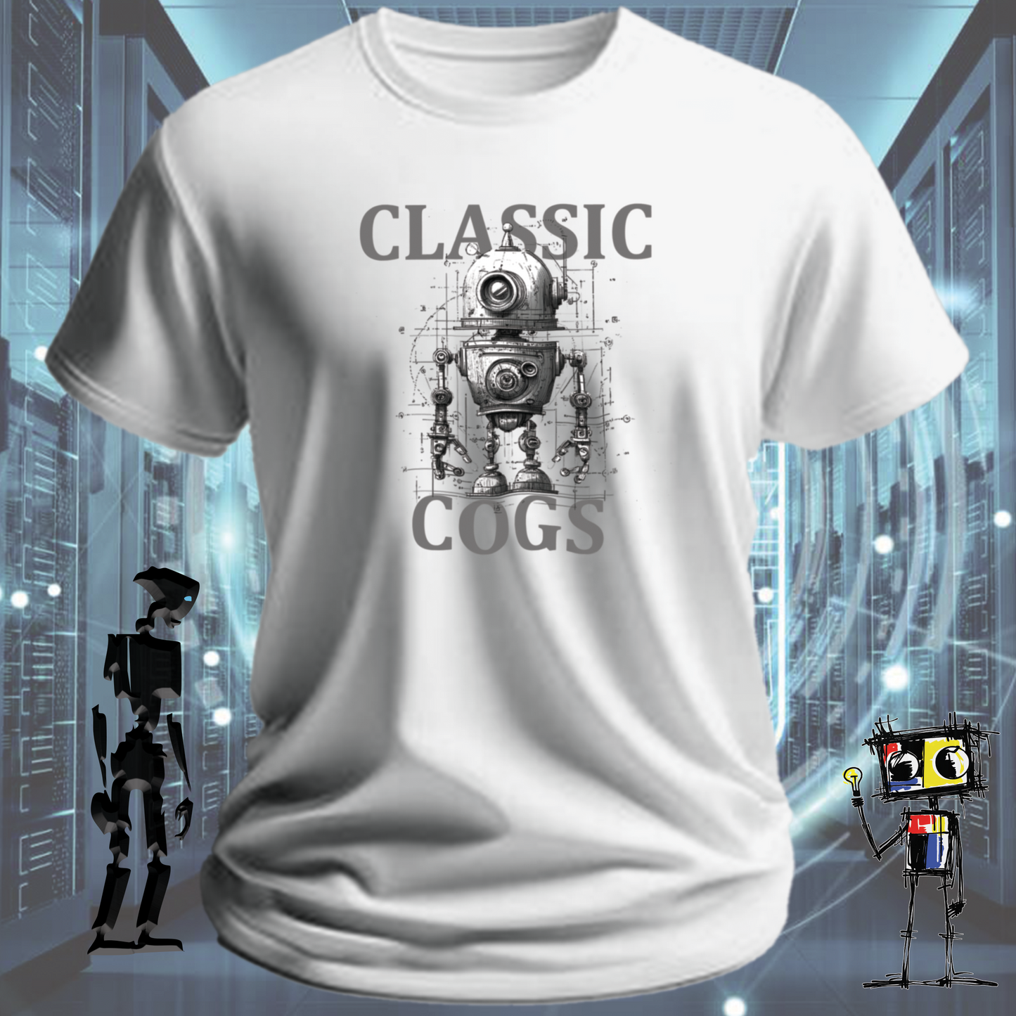 Classic Cogs retro tech t-shirt for engineers and makers — detail view | inkit.design