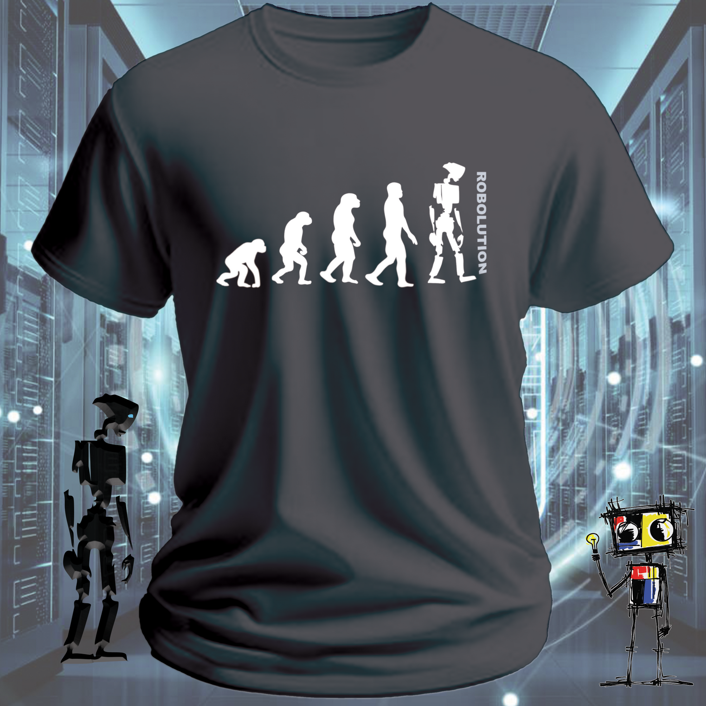 Robolution robot graphic t-shirt from the inkit.design Robolution series — worn view
